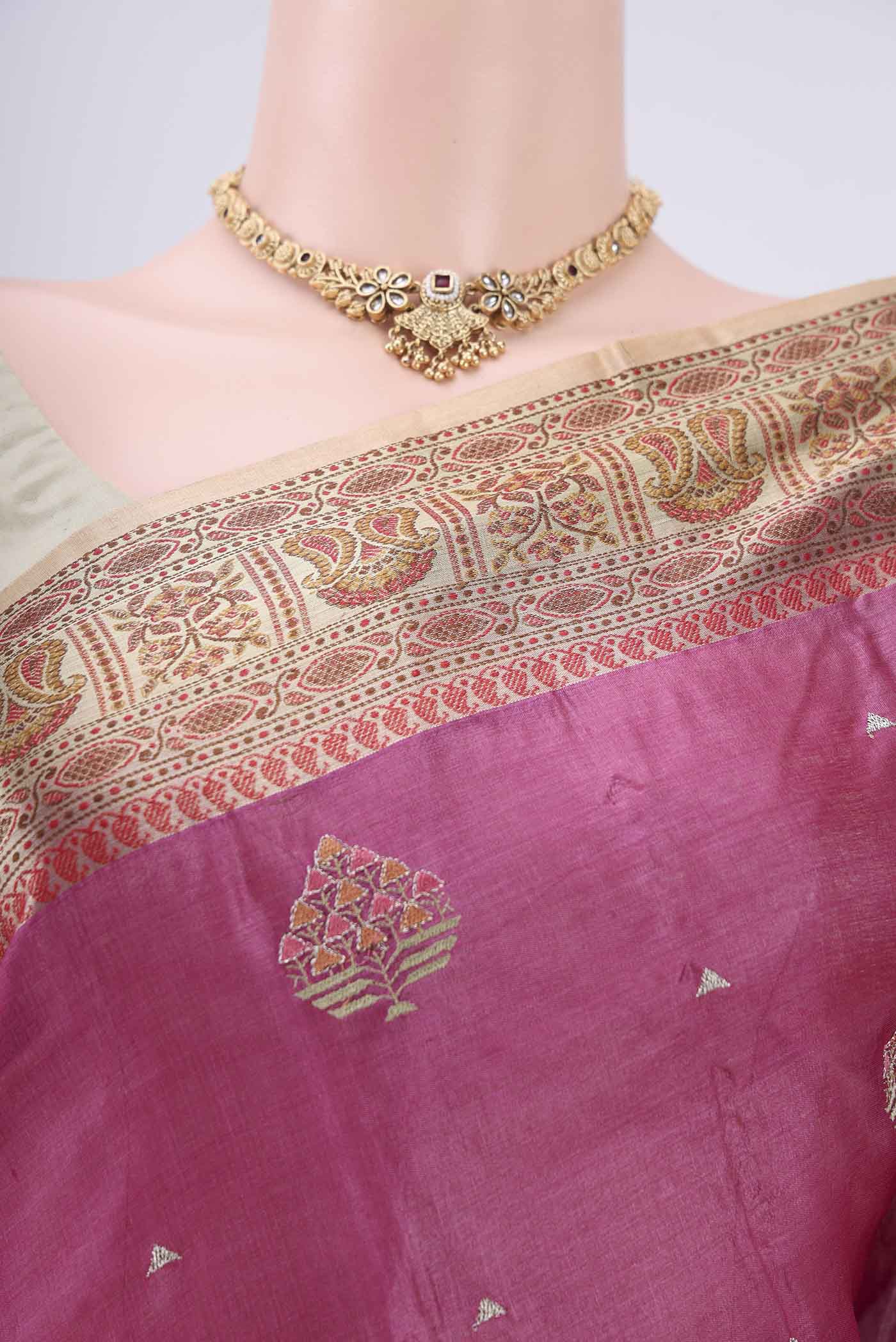 Border image of Magenta Banarasi Tussar Silk Saree with Embroidery on the body and Zari And Thread Border. 