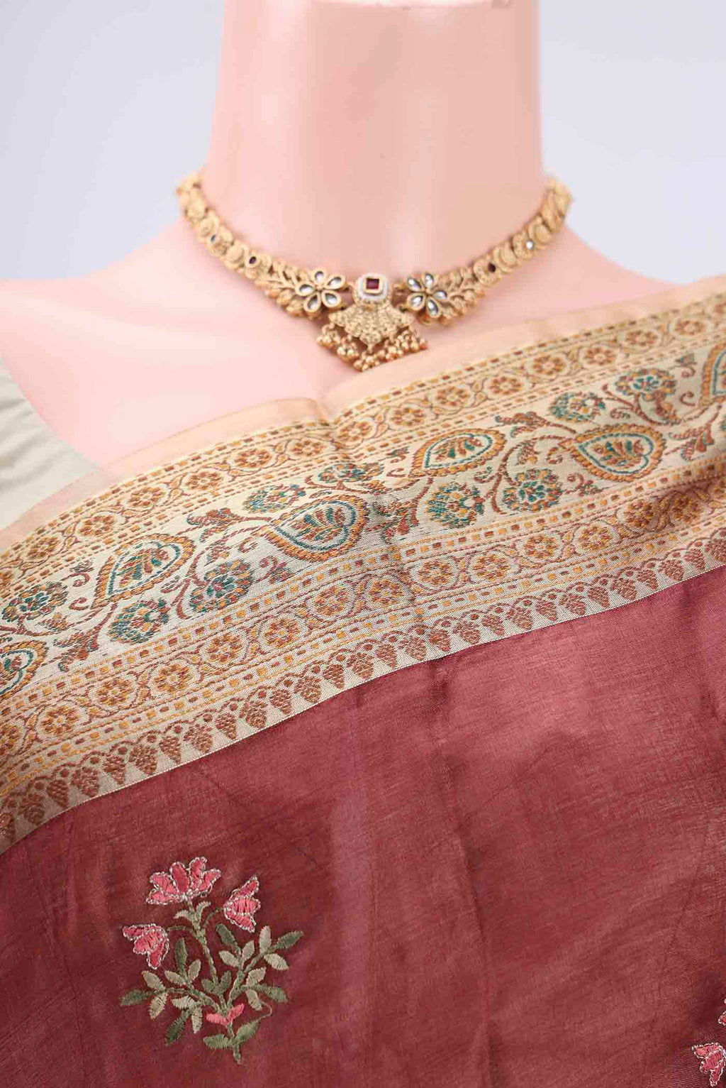 Border image of Brown Banarasi Tussar Silk Saree with Embroidery on the body and Zari And Thread Border. 