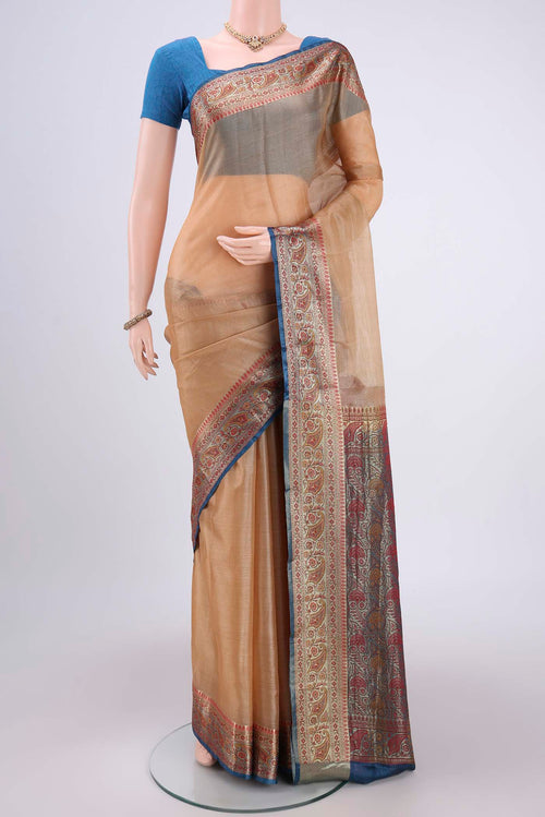 Beige Dual Tone Maheshwari Silk Cotton Saree with Plain Body and Zari Border.  displayed on a mannequin