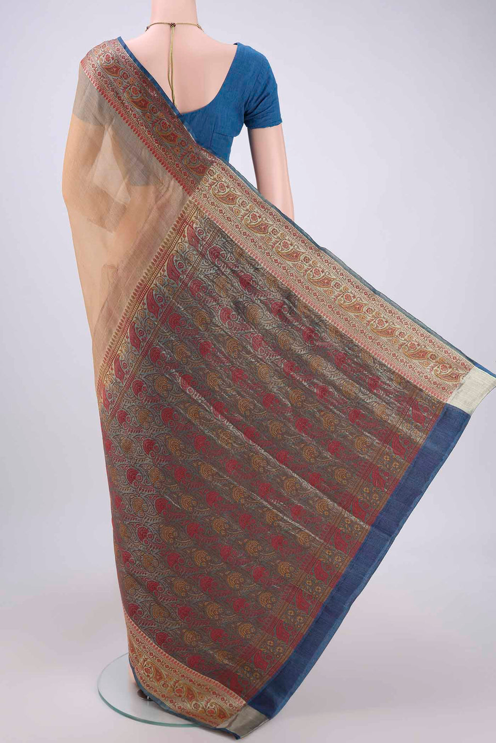 Flat view of Beige Dual Tone Maheshwari Silk Cotton Saree with Plain Body and Zari Border. 