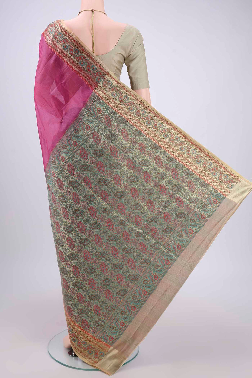 Flat view of Rani Pink Dual Tone Maheshwari Silk Cotton Saree with Plain Body and Zari Border. 