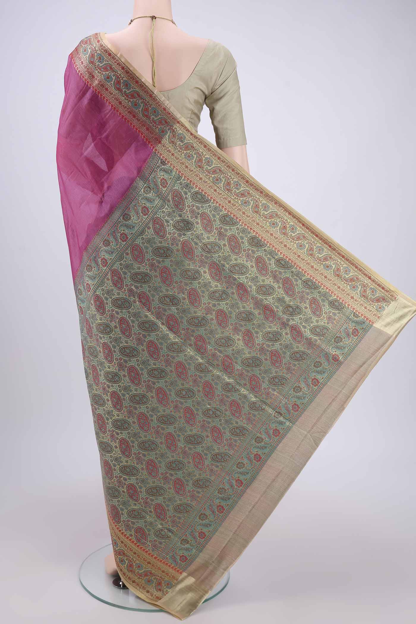 Flat view of Rani Pink Dual Tone Maheshwari Silk Cotton Saree with Plain Body and Zari Border. 