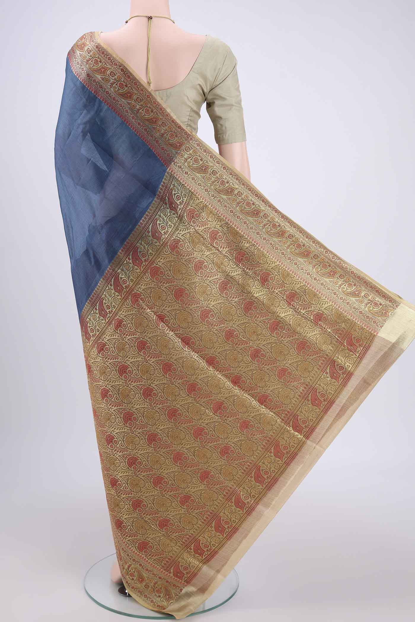 Flat view of Blue Dual Tone Maheshwari Silk Cotton Saree with Plain Body and Zari Border. 