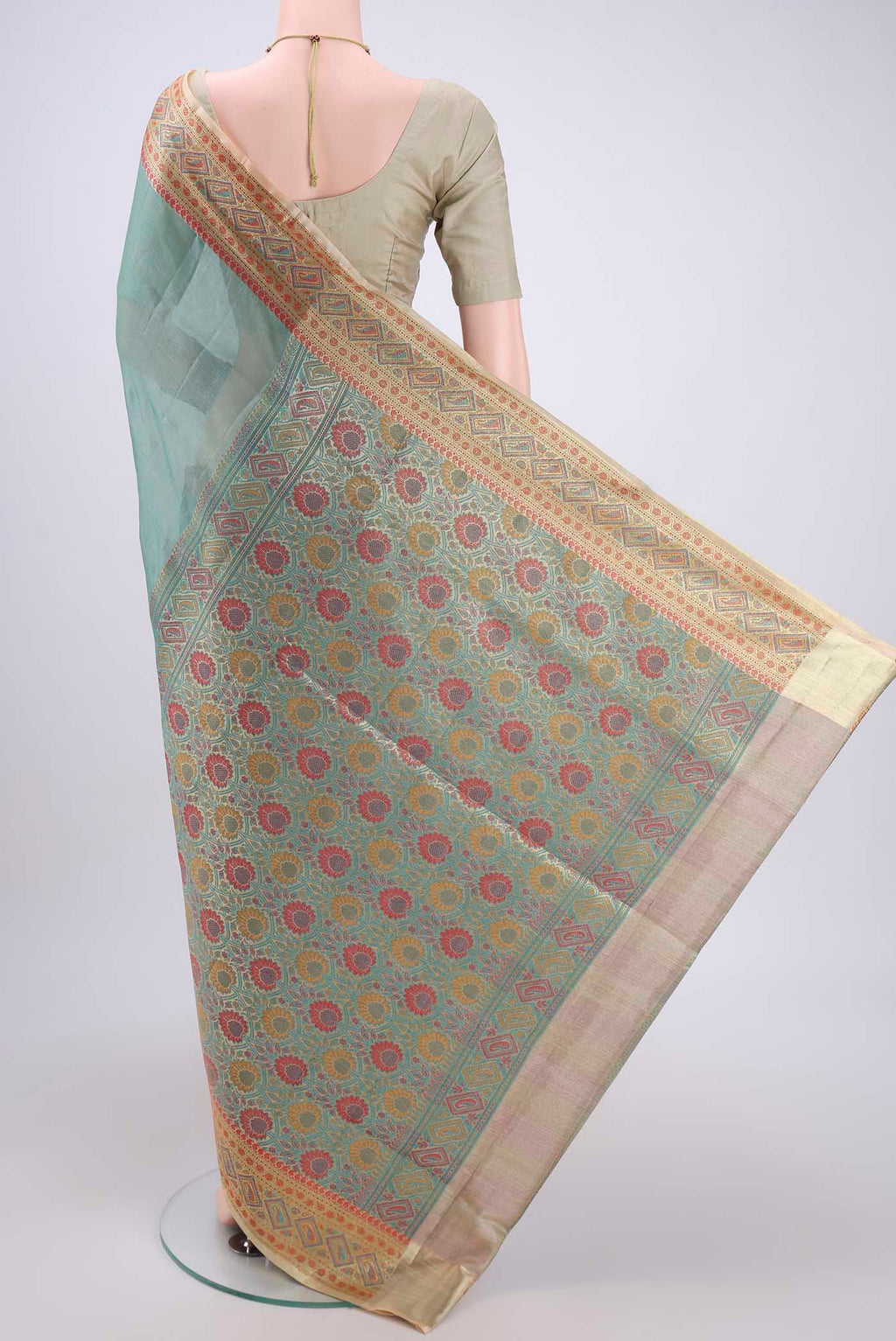 Flat view of Pickle Green Dual Tone Maheshwari Silk Cotton Saree with Plain Body and Zari Border. 