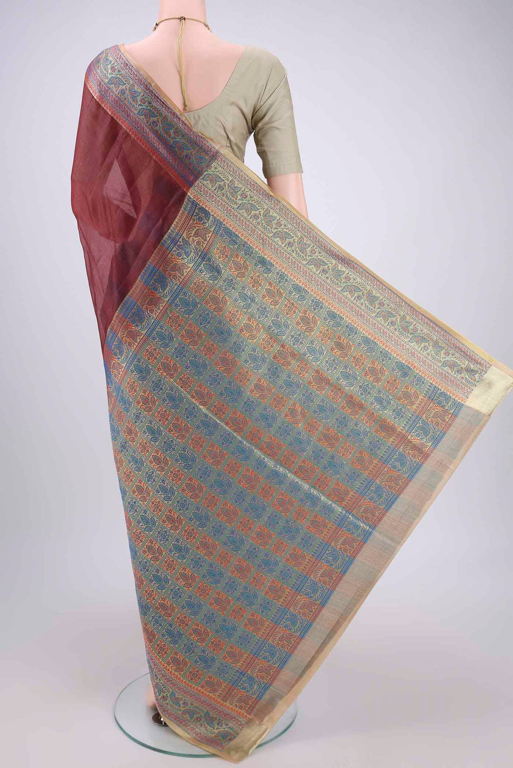 Flat view of Brown Dual Tone Maheshwari Silk Cotton Saree with Plain Body and Zari Border. 