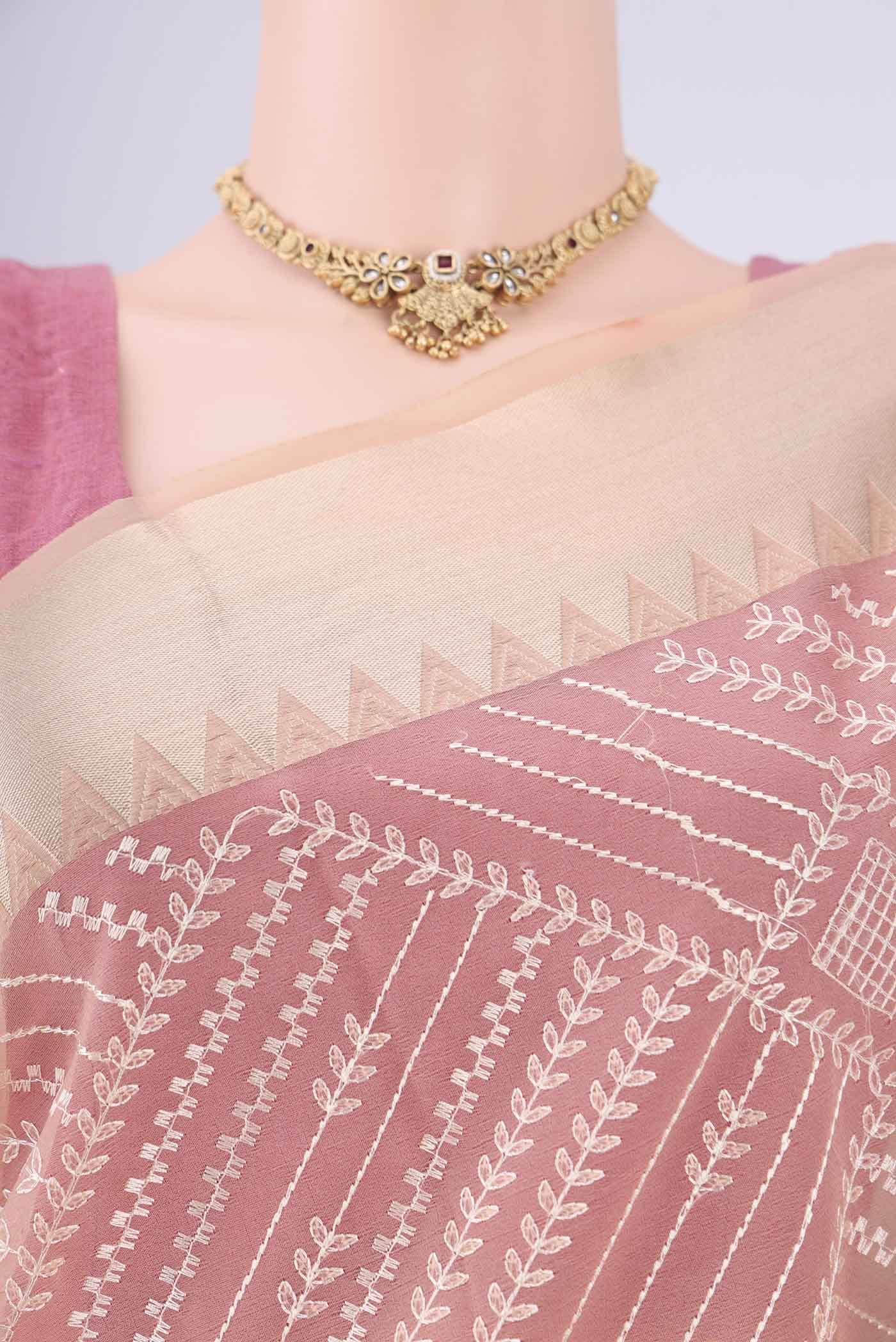Border image of Peach Blended Kota Cotton Saree with Embroidery on the body and Zari Border. 