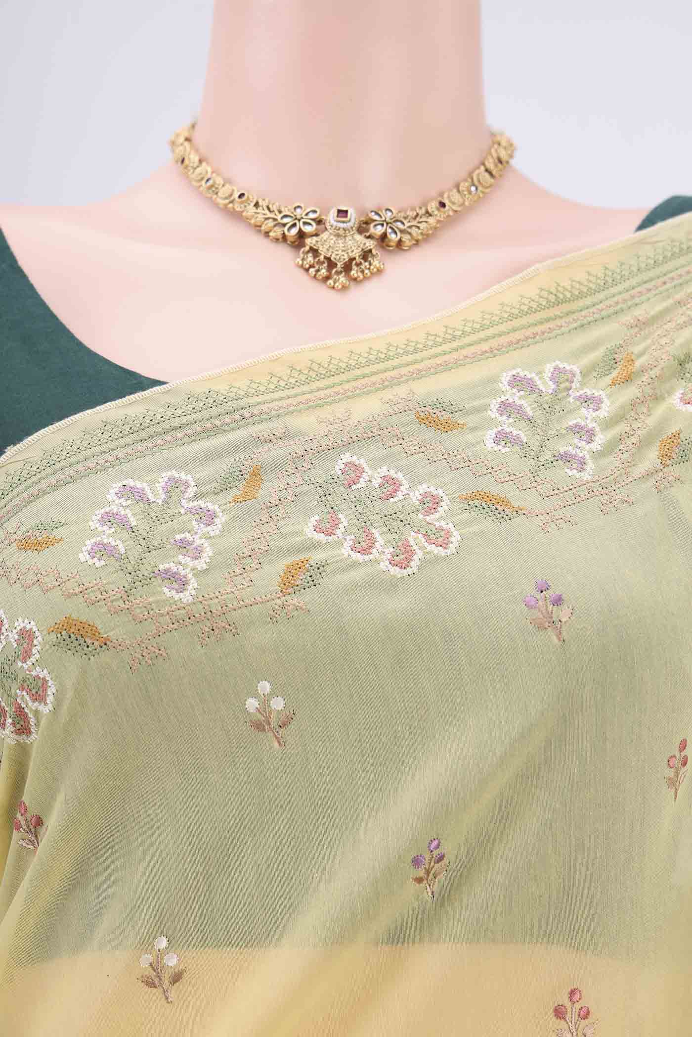 Border image of Yellow Kota Cotton Saree with Embroidery on the body and Thread Border. 
