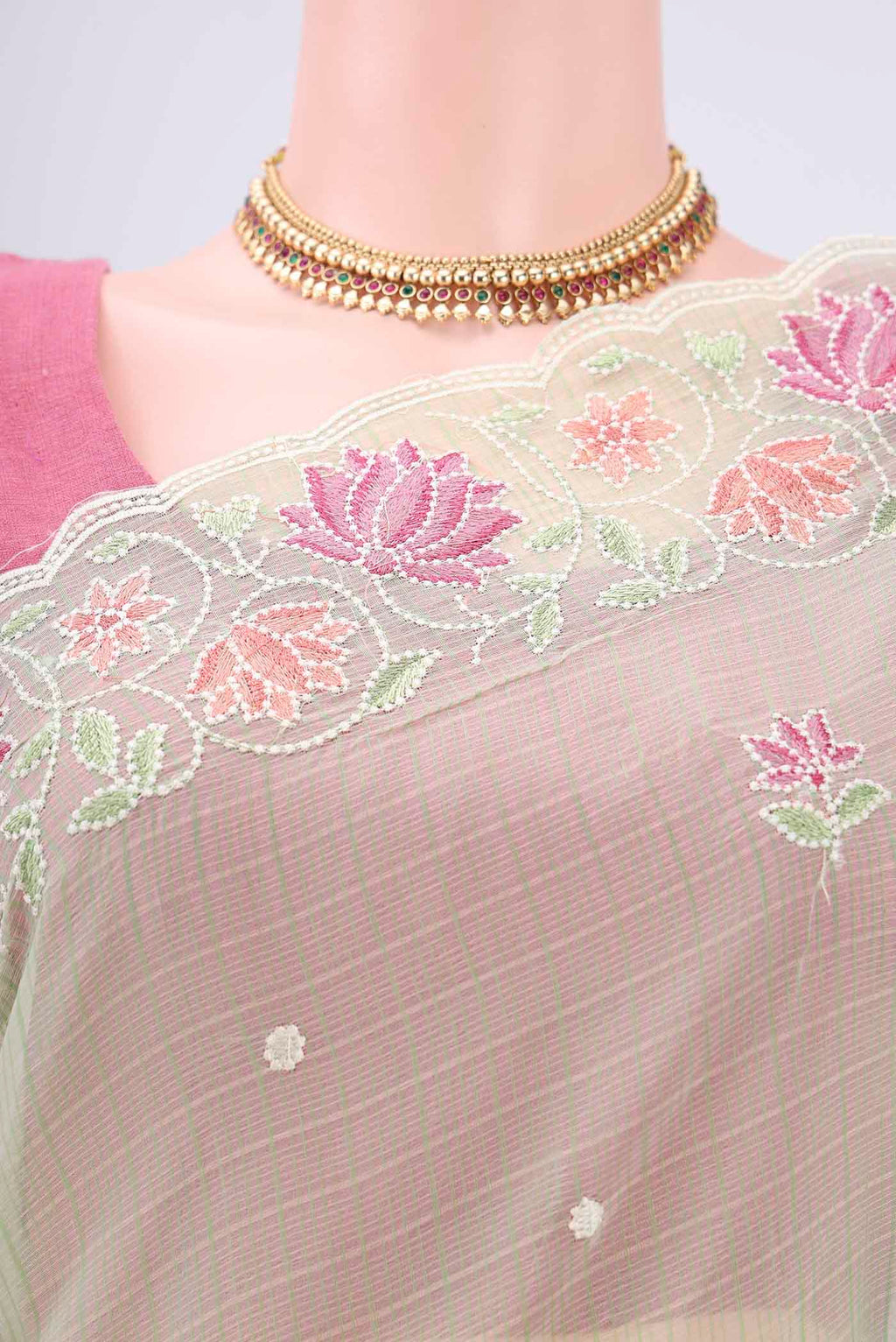 Border image of Light Green Kota Cotton Saree with Embroidery on the body and Thread Border. 