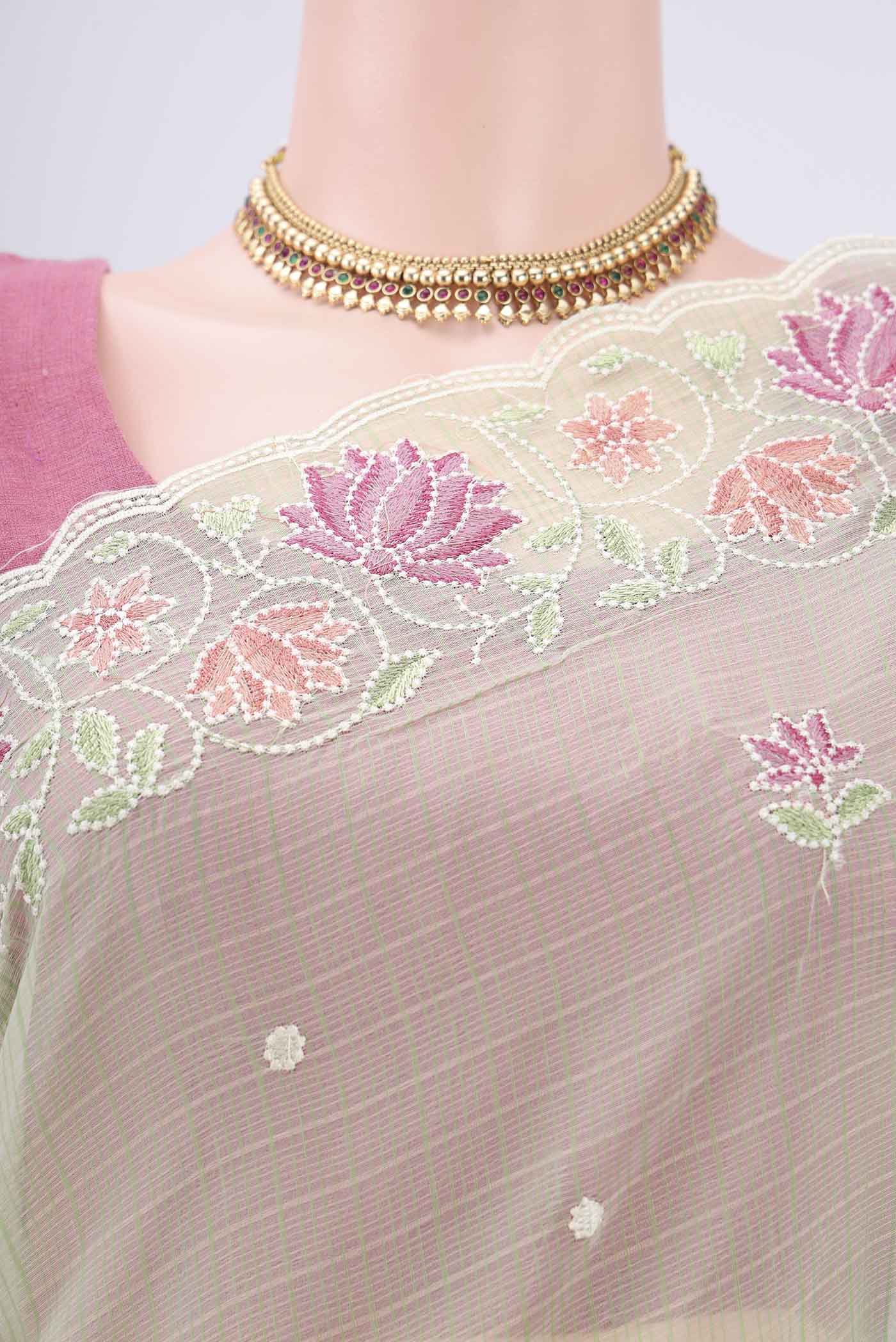 Border image of Light Green Kota Cotton Saree with Embroidery on the body and Thread Border. 