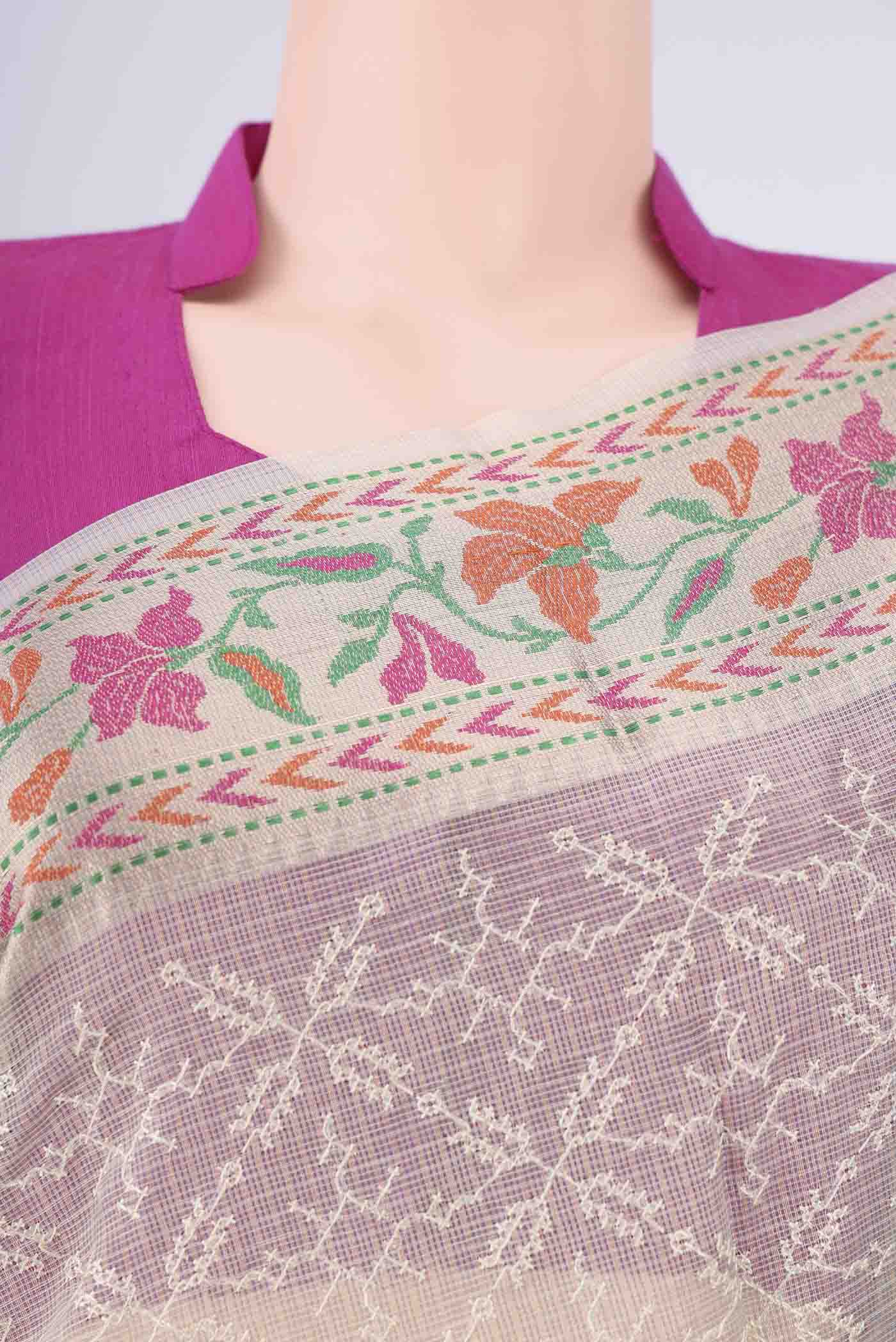 Border image of Grey Blended Kota Cotton Saree with Embroidery on the body and Thread Border. 