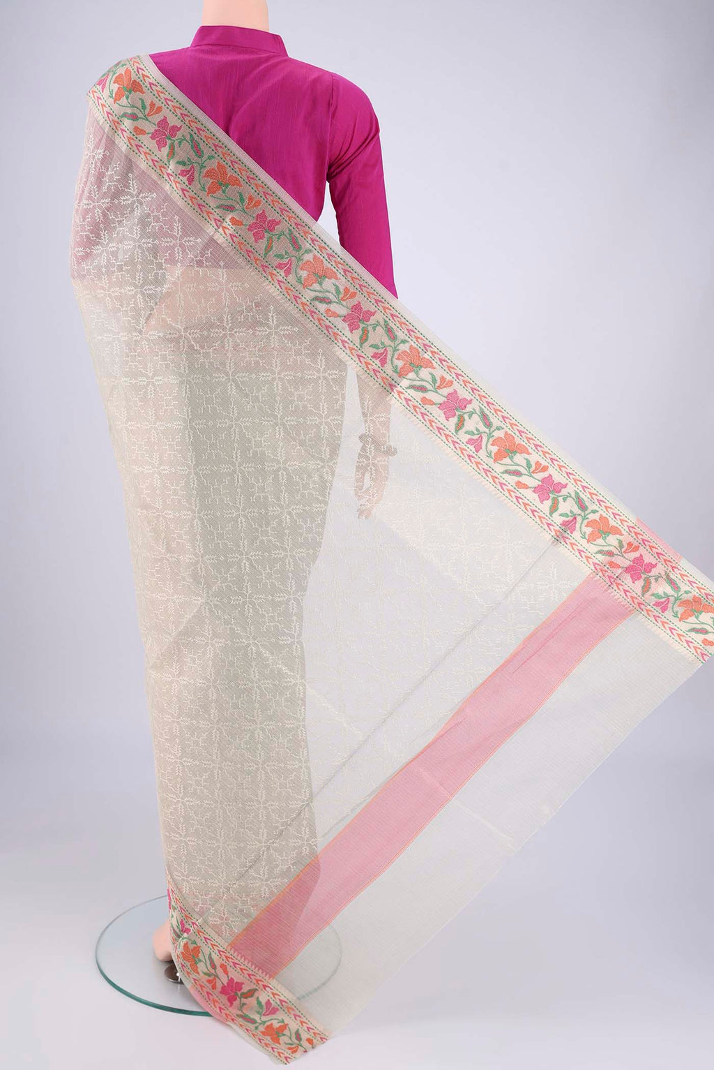 Flat view of Grey Blended Kota Cotton Saree with Embroidery on the body and Thread Border. 