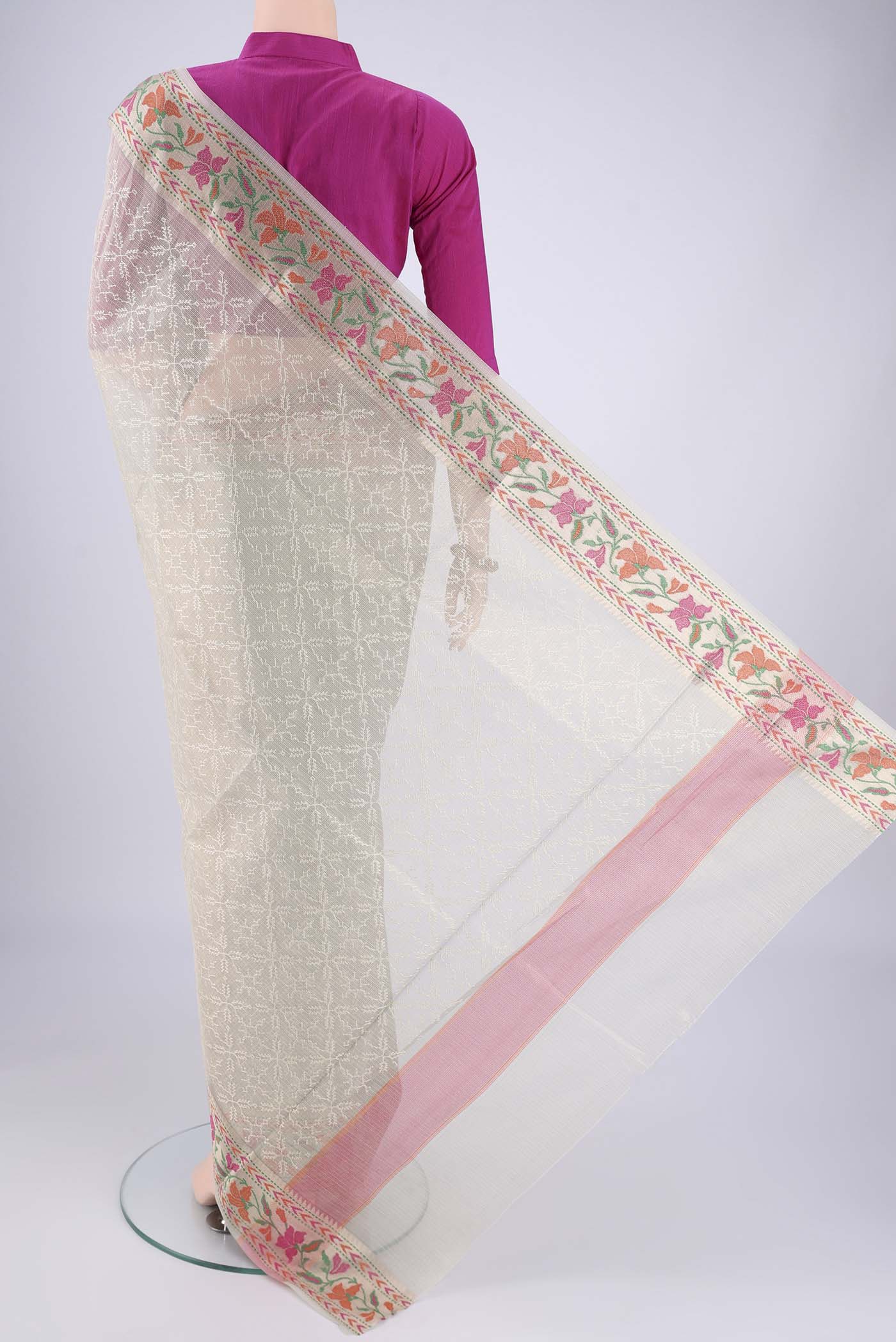 Flat view of Grey Blended Kota Cotton Saree with Embroidery on the body and Thread Border. 