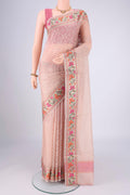 Rose pink Blended Kota Cotton Saree with Embroidery on the body and Zari And Thread Border.  displayed on a mannequin
