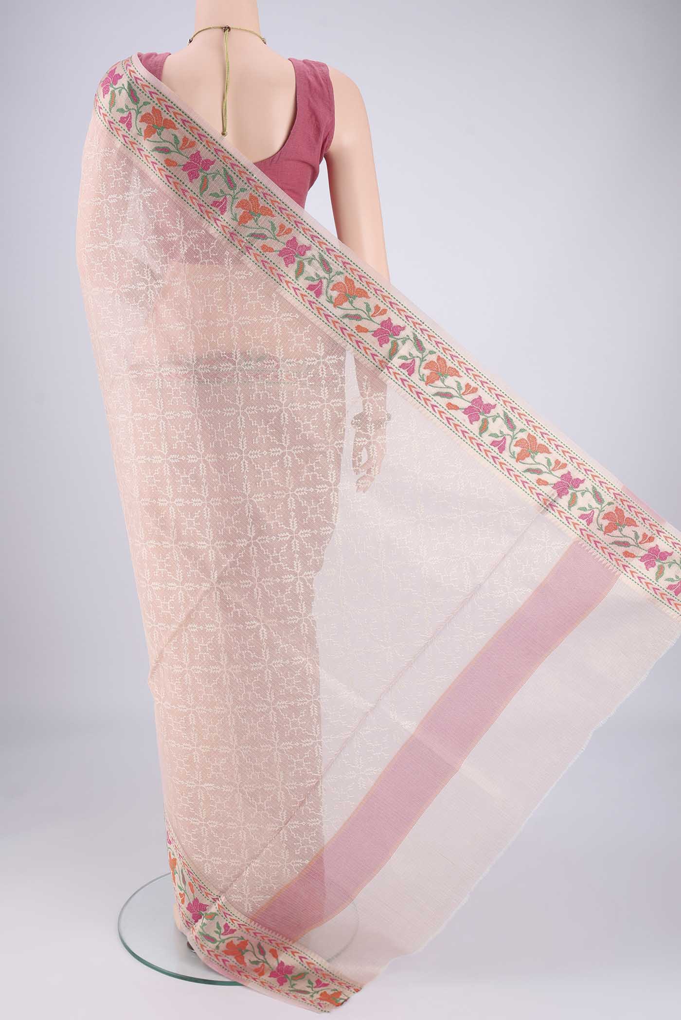 Flat view of Rose pink Blended Kota Cotton Saree with Embroidery on the body and Zari And Thread Border. 