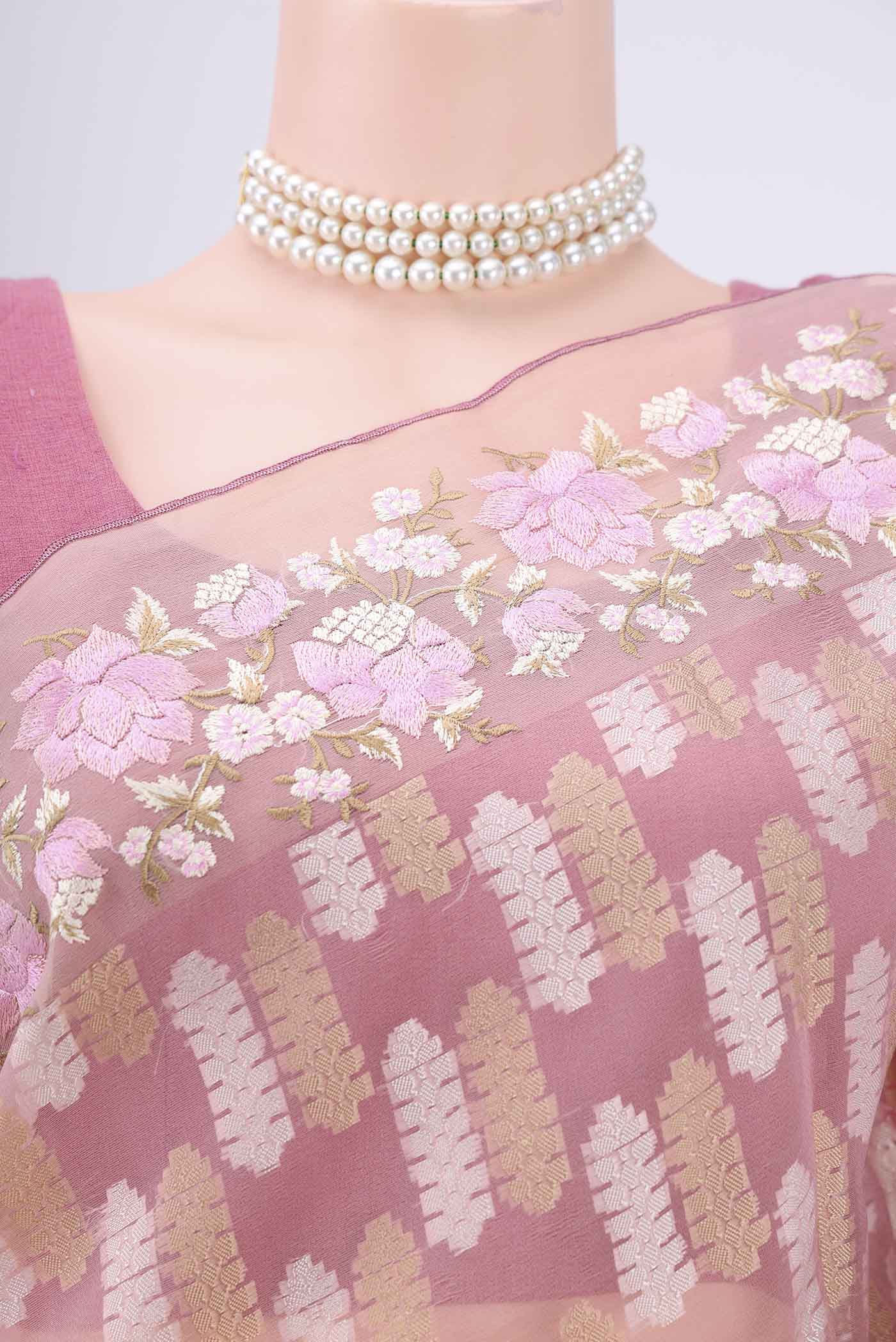 Border image of Pink Kota Cotton Saree with Embroidery on the body and Zari Border. 