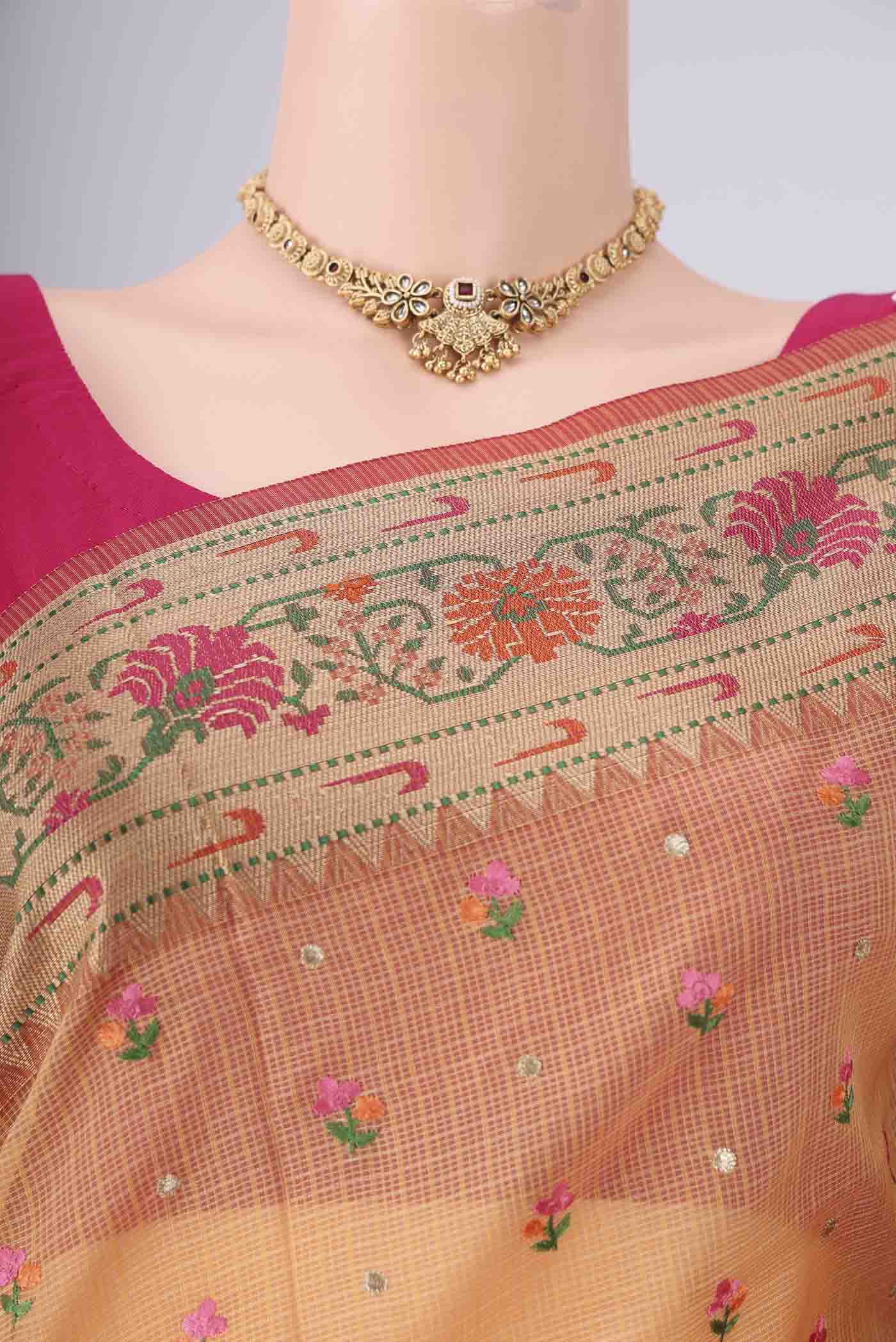 Border image of Orange Blended Kota Cotton Saree with Embroidery on the body and Zari Border. 