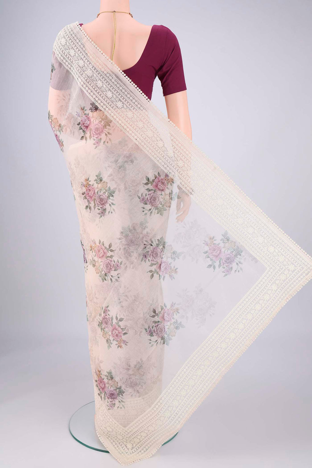 Flat view of Off White Blended Kota Cotton Saree with Embroidery on the body and Embroidery Border. 
