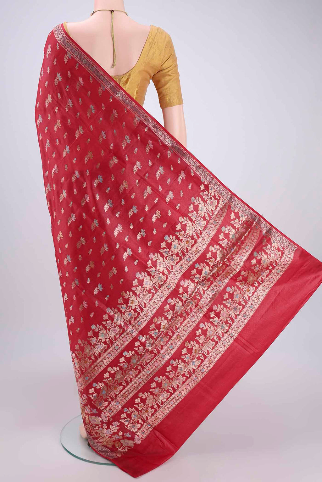 Flat view of Orange Banarasi Tussar Silk Saree with Thread Brocade on the body and Zari And Thread Border. 