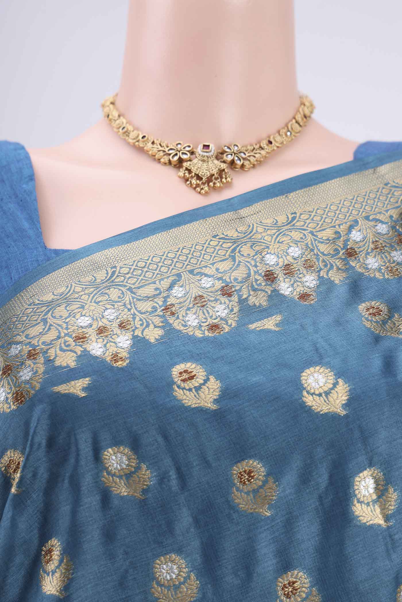 Border image of Electric Blue Banarasi Tussar Silk Saree with Zari And Thread Butta on the body and Zari And Thread Border. 