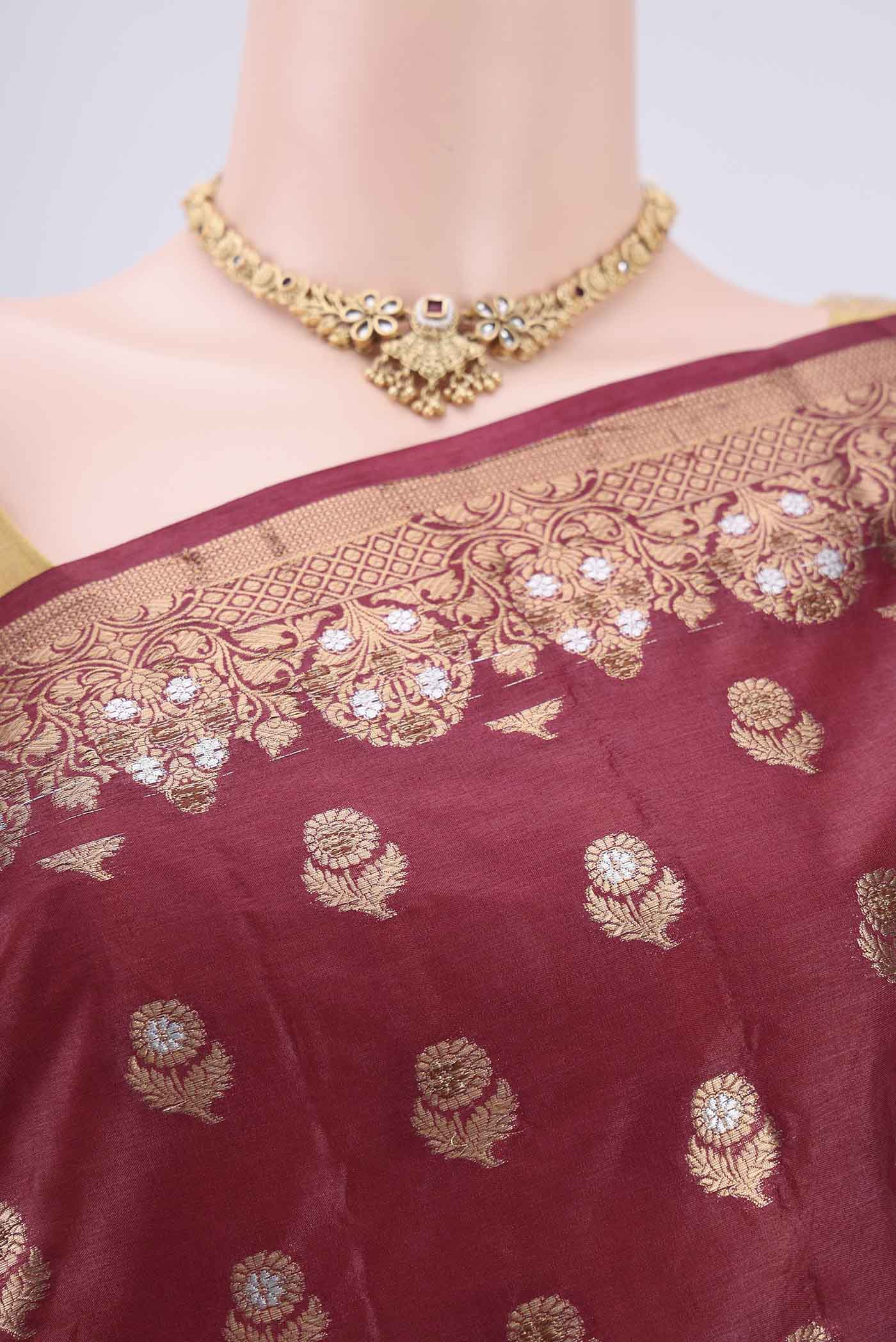 Border image of Coffee Brown Banarasi Tussar Silk Saree with Thread Brocade on the body and Zari And Thread Border. 