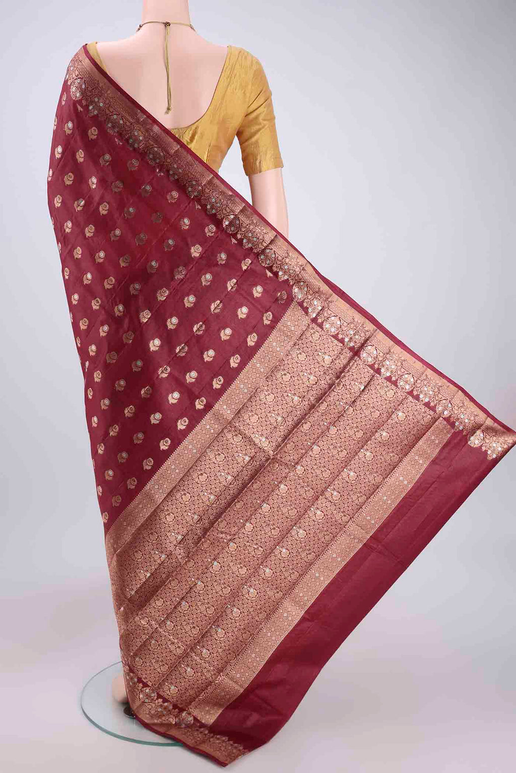 Flat view of Coffee Brown Banarasi Tussar Silk Saree with Thread Brocade on the body and Zari And Thread Border. 