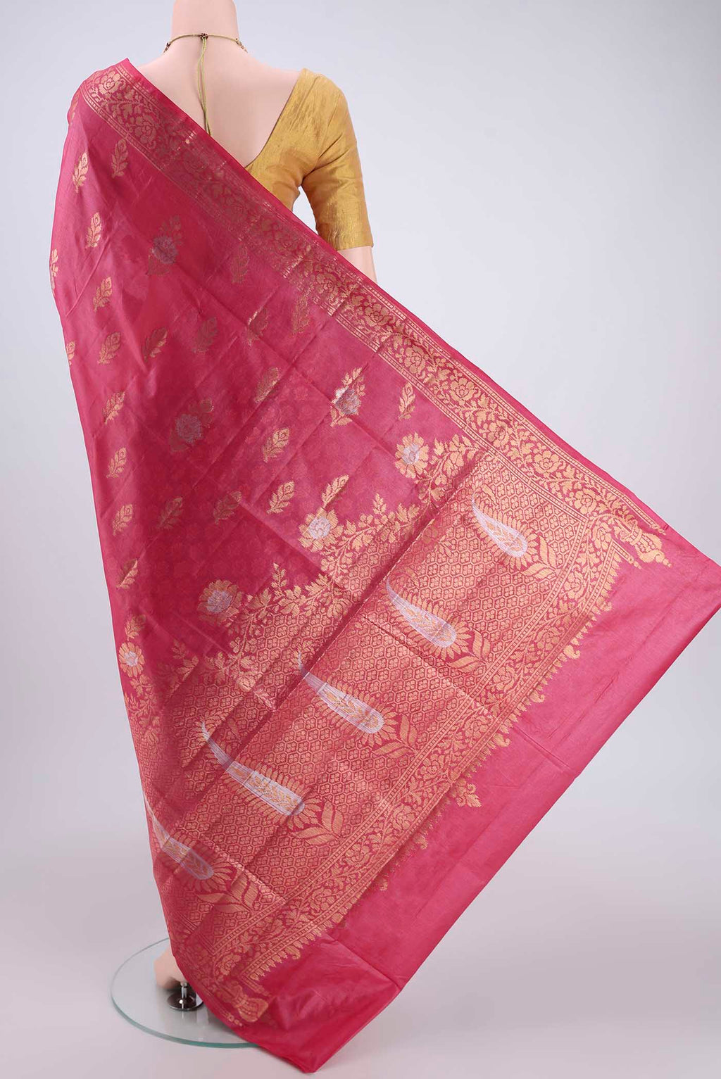 Flat view of Pink Banarasi Tussar Silk Saree with Zari And Thread Butta on the body and Zari And Thread Border. 
