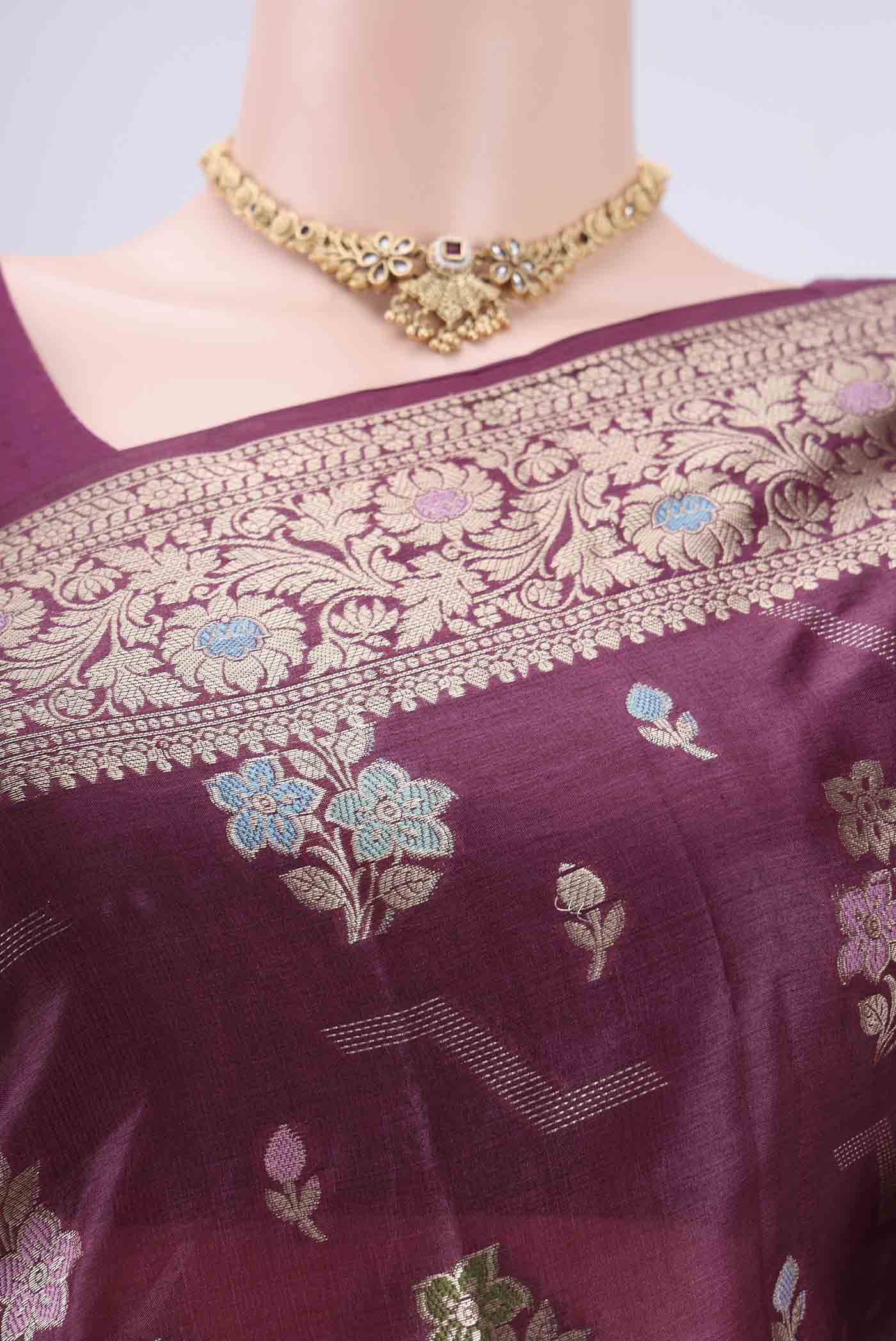 Border image of Purple Banarasi Tussar Silk Saree with Thread Brocade on the body and Zari And Thread Border. 