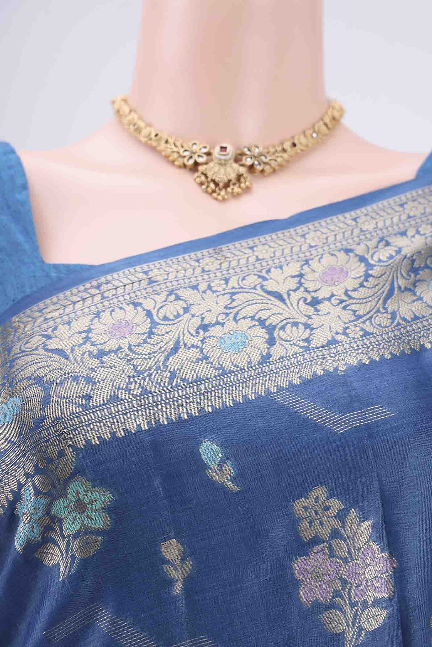 Border image of Blue Banarasi Tussar Silk Saree with Zari And Thread Butta on the body and Zari And Thread Border. 