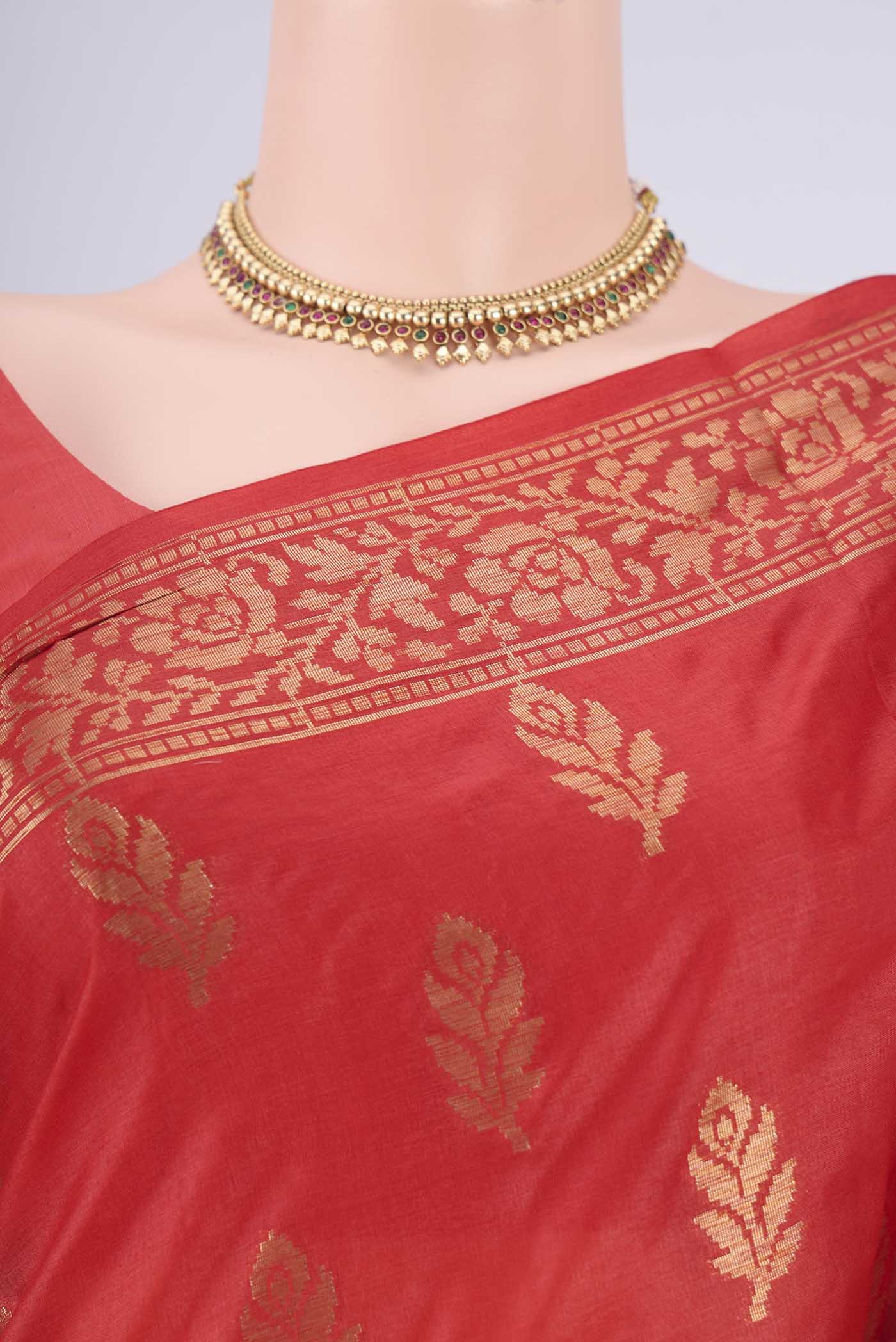 Border image of Imperial Red Banarasi Tussar Silk Saree with Zari Butta on the body and Zari Border. 