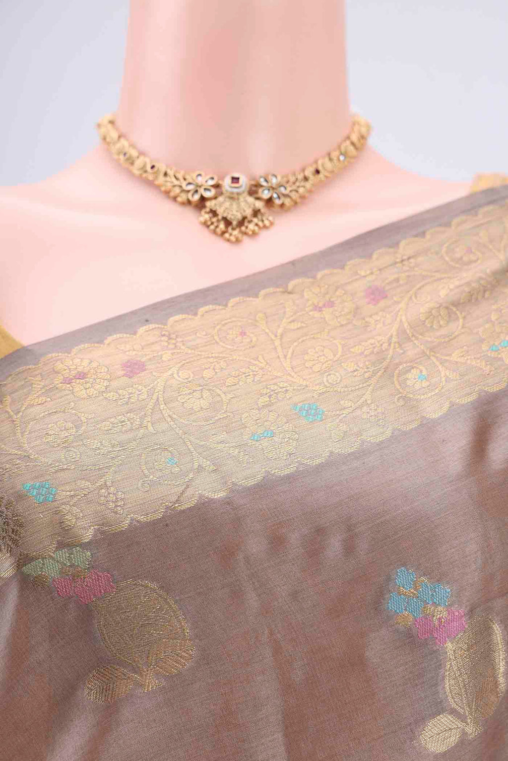 Border image of Dark Beige Banarasi Tussar Silk Saree with Zari And Thread Butta on the body and Zari And Thread Border. 
