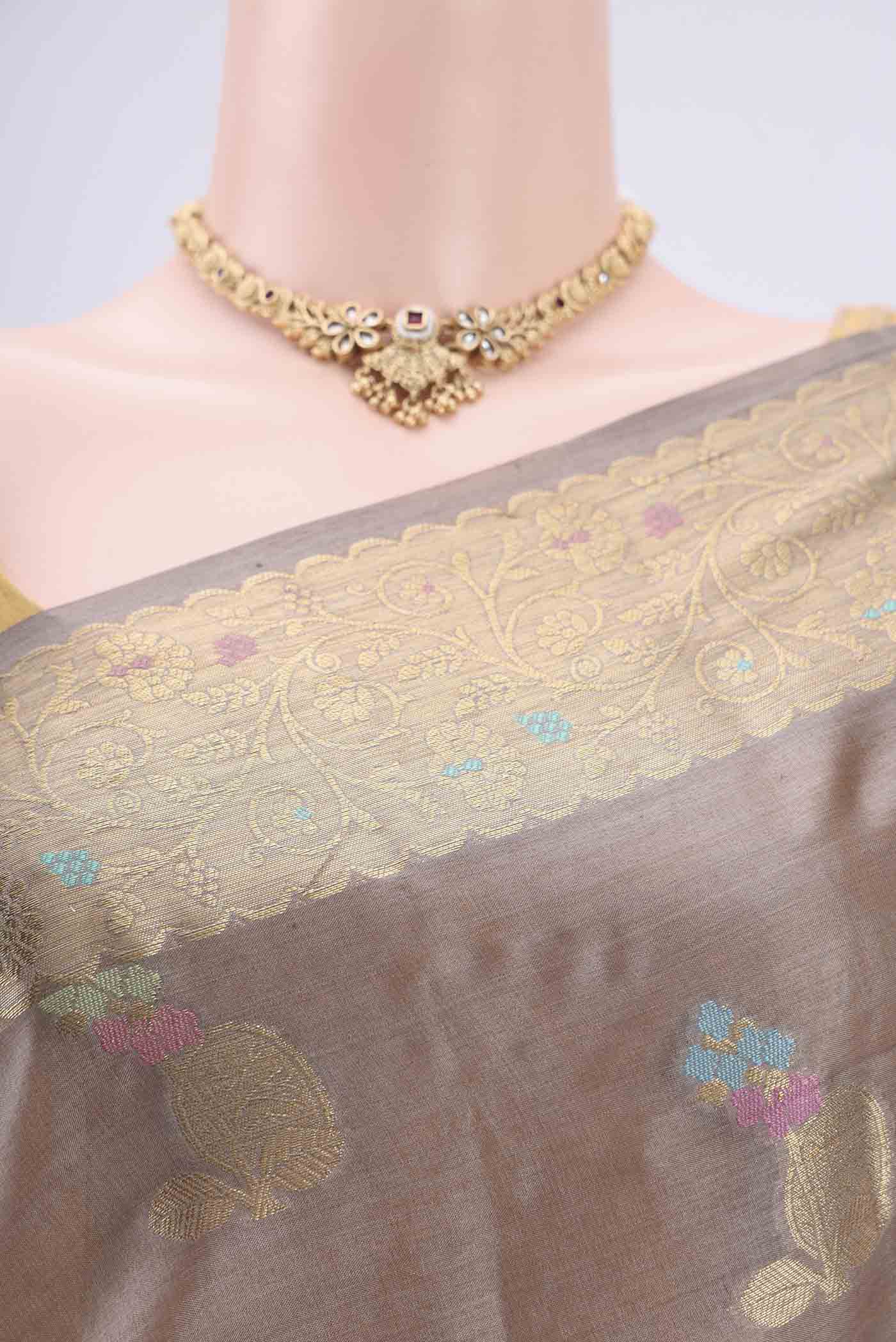 Border image of Dark Beige Banarasi Tussar Silk Saree with Zari And Thread Butta on the body and Zari And Thread Border. 