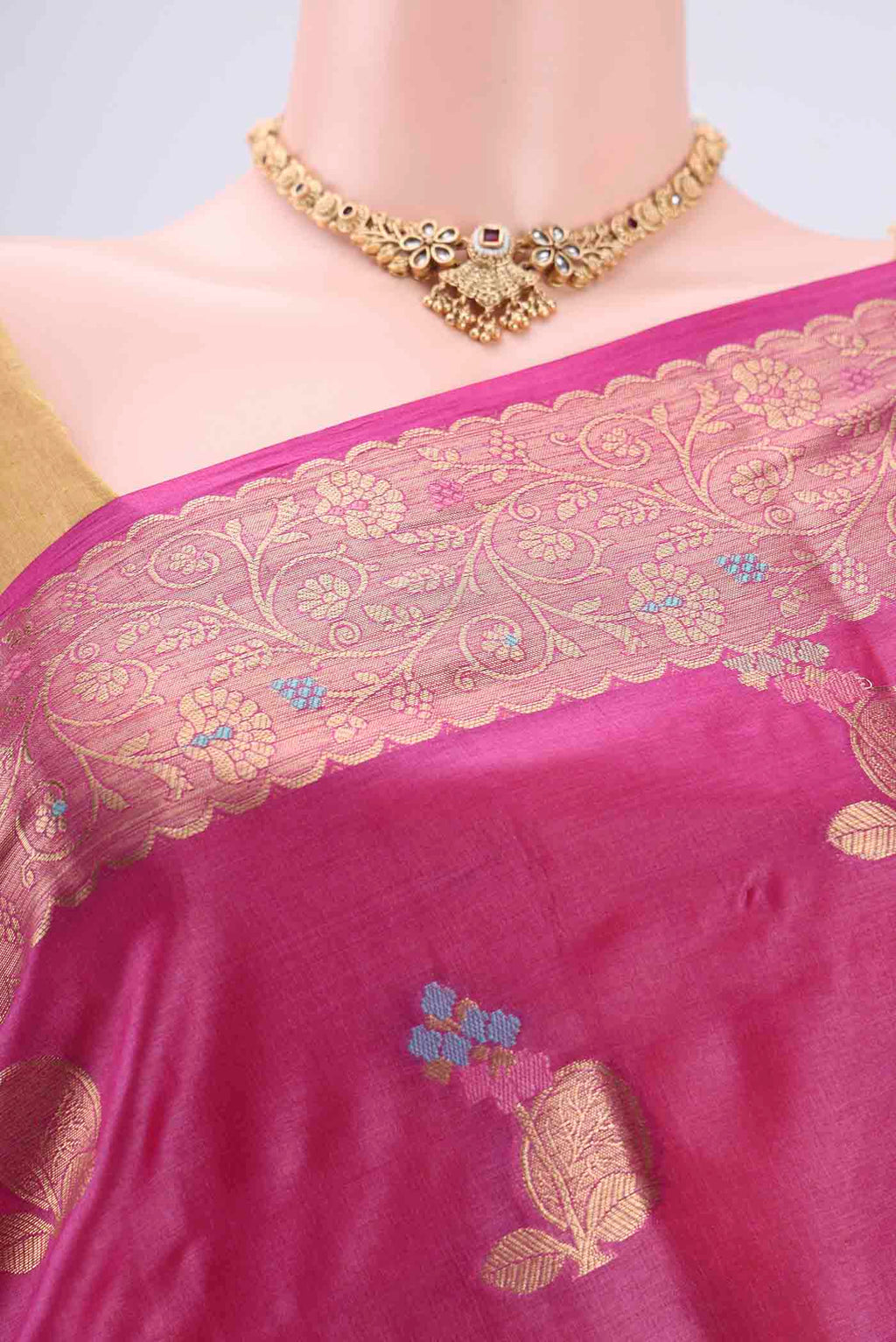 Border image of Magenta Banarasi Tussar Silk Saree with Thread Brocade on the body and Zari And Thread Border. 
