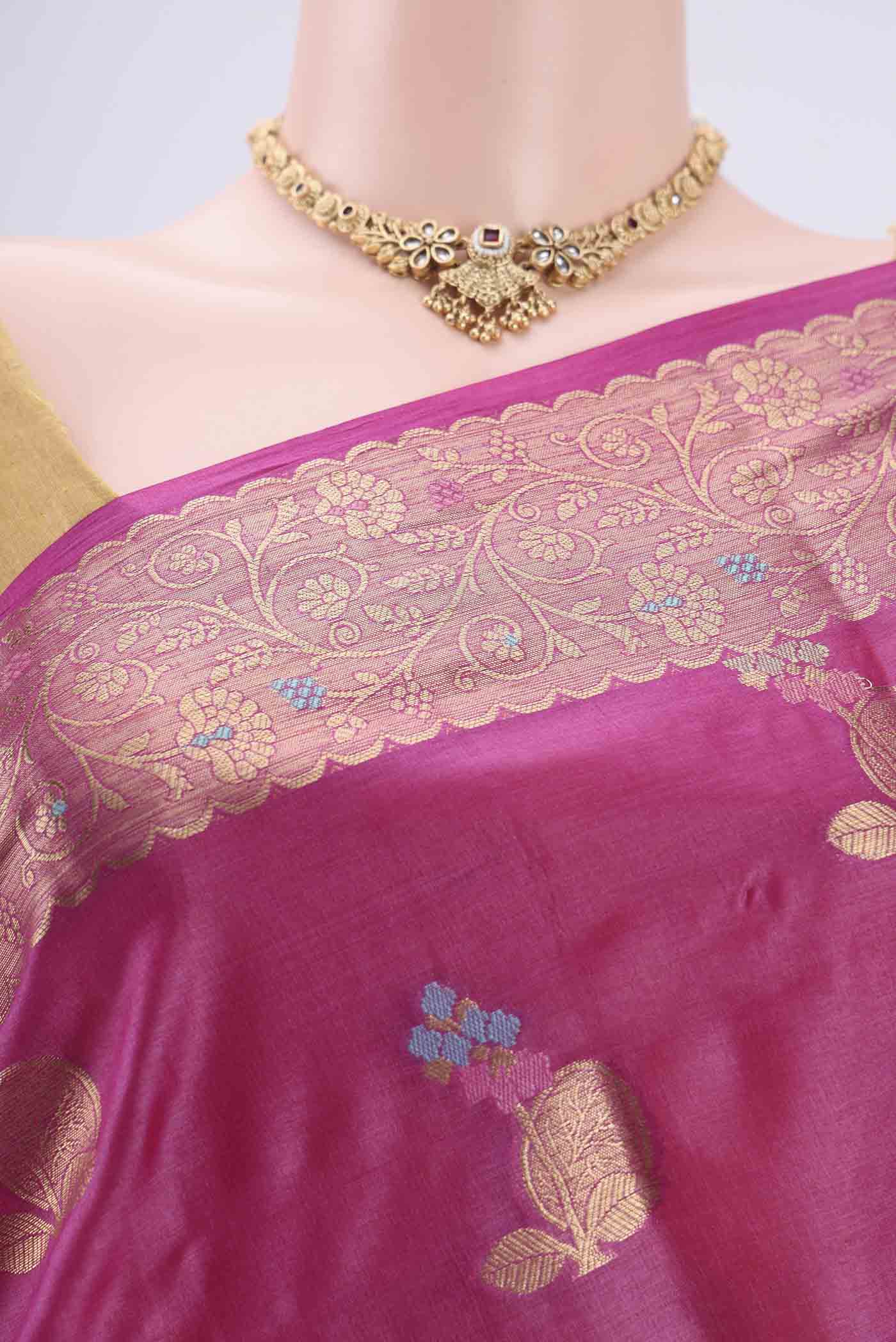 Border image of Magenta Banarasi Tussar Silk Saree with Thread Brocade on the body and Zari And Thread Border. 