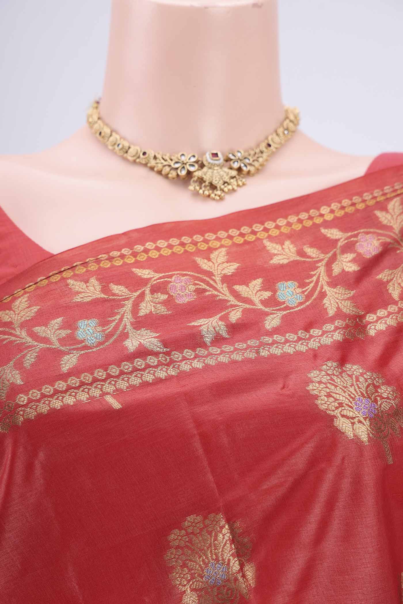 Border image of Orange Banarasi Tussar Silk Saree with Zari And Thread Butta on the body and Zari And Thread Border. 