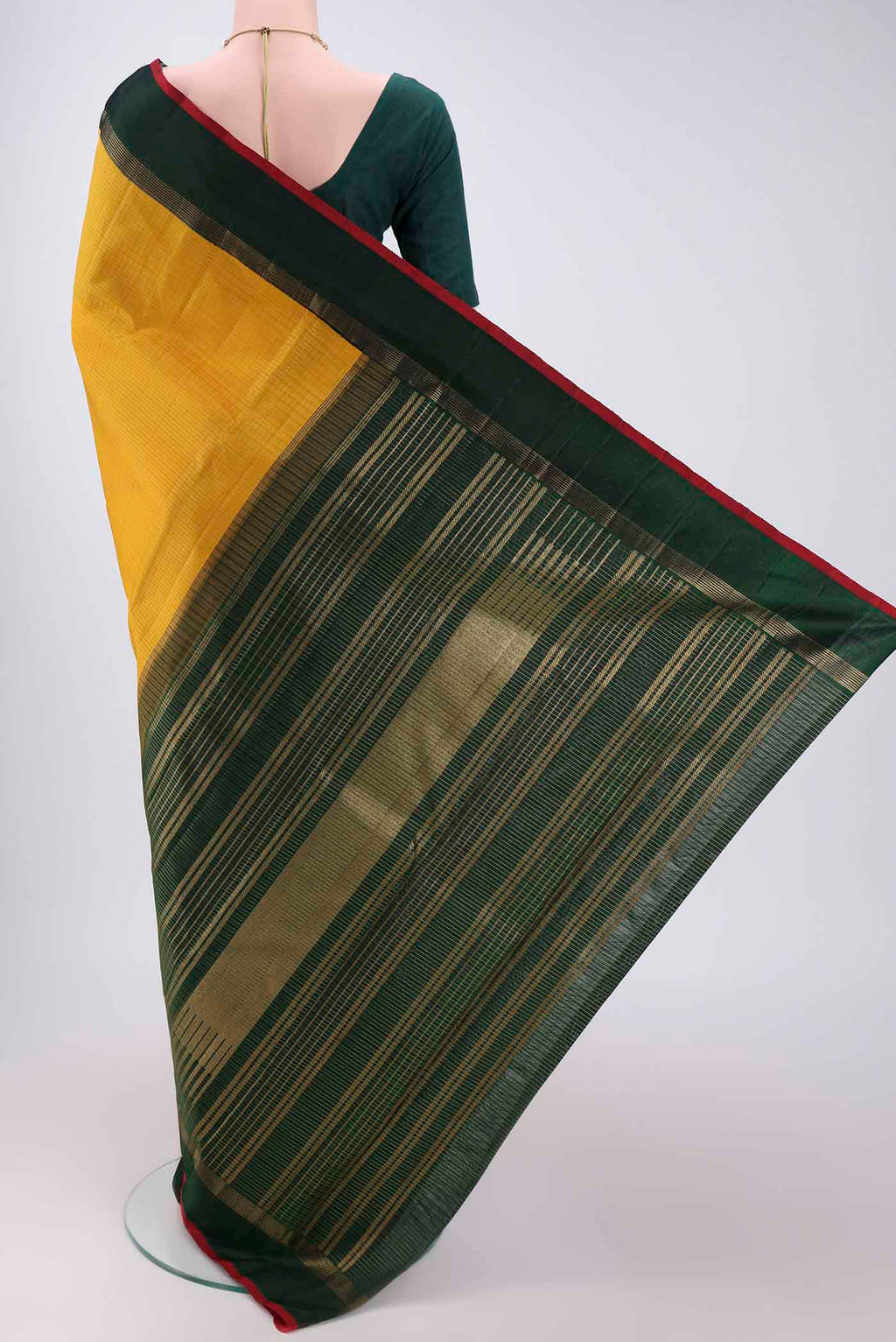 Flat view of Pure Silk Pure Zari Yellow Kanjivaram Saree with Checked design on the body and Zari Border. 