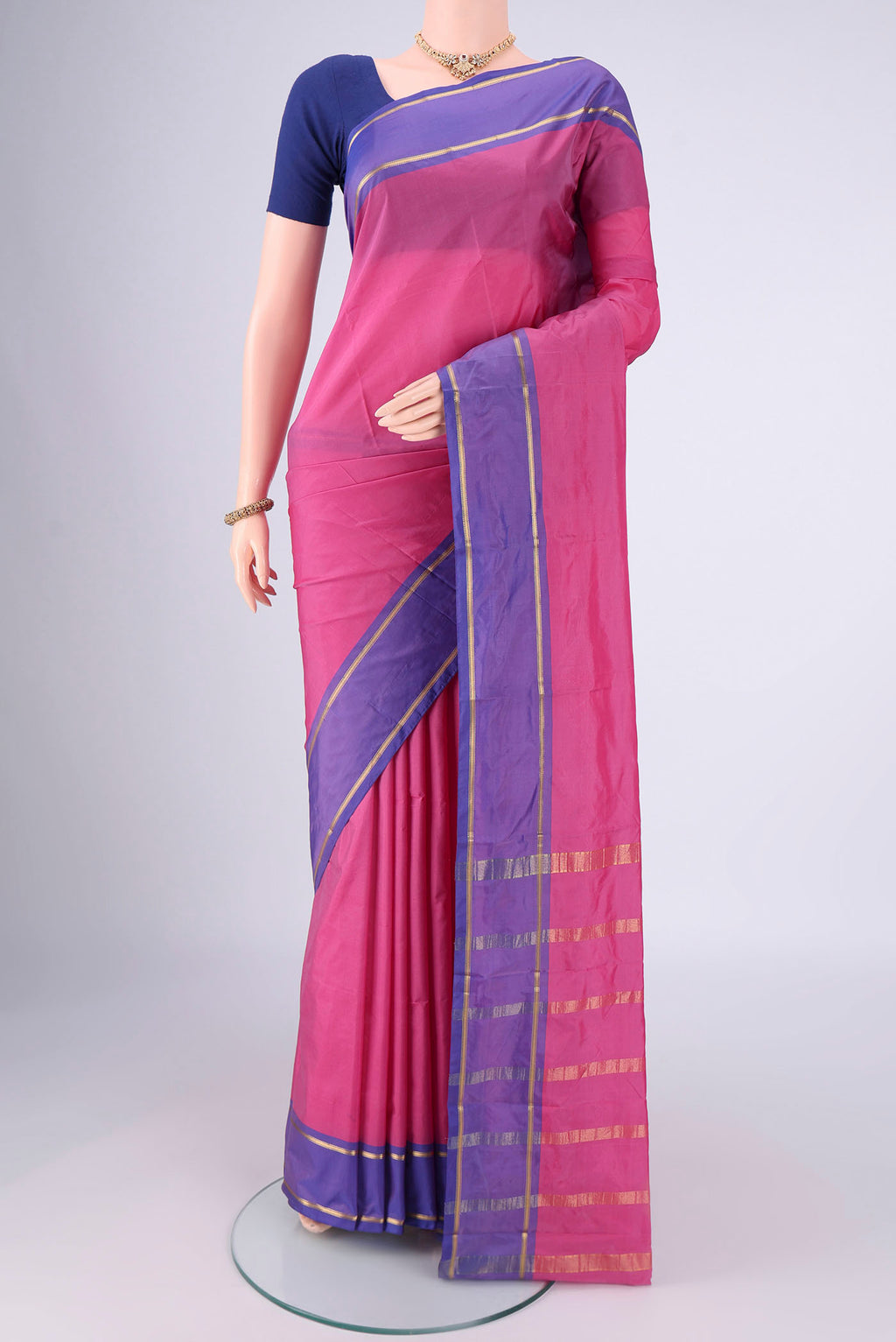Pink Blended Bangalore Silk Saree with Plain Body and Zari Border.  displayed on a mannequin