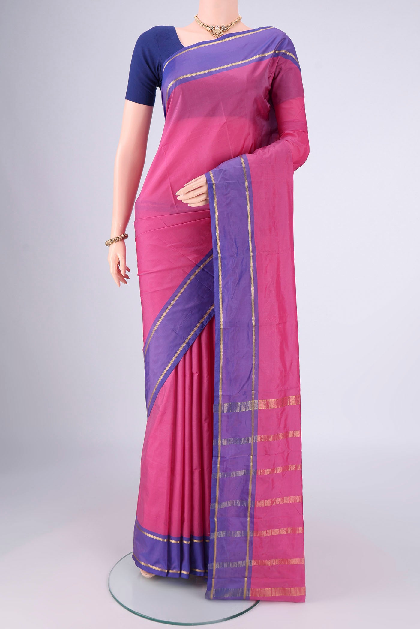 Pink Blended Bangalore Silk Saree with Plain Body and Zari Border.  displayed on a mannequin