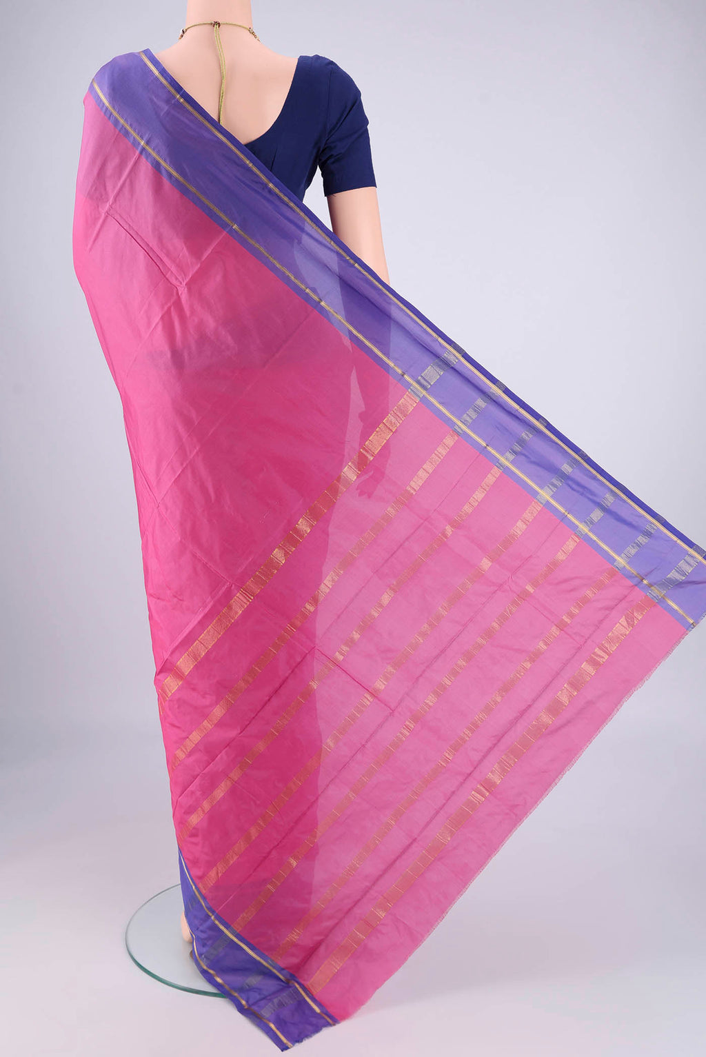 Flat view of Pink Blended Bangalore Silk Saree with Plain Body and Zari Border. 