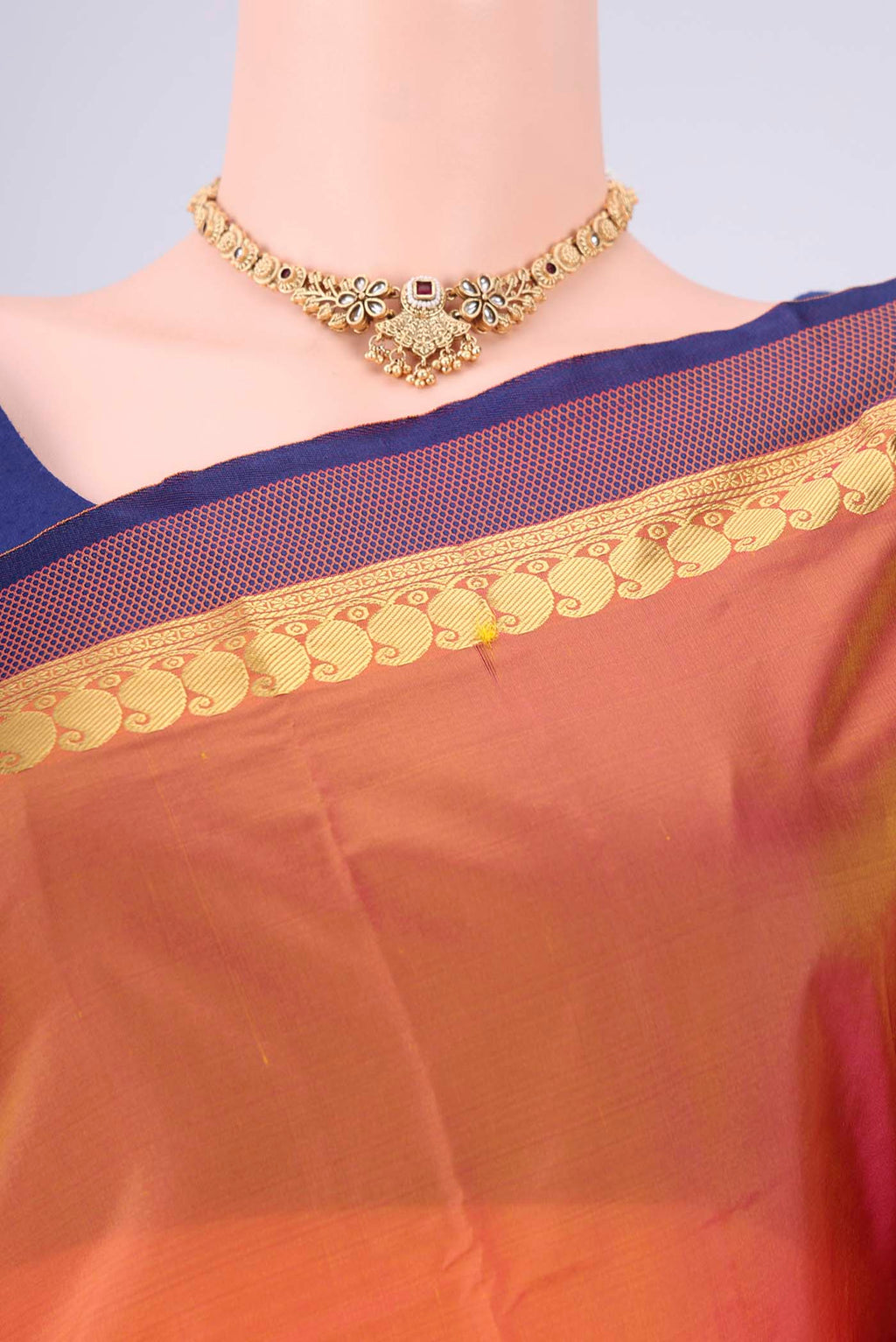 Border image of Brick Orange Blended Bangalore Silk Saree with Plain Body and Zari Border. 