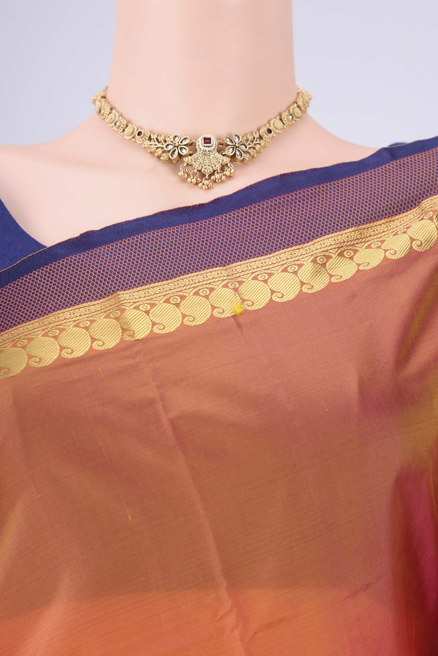 Border image of Brick Orange Blended Bangalore Silk Saree with Plain Body and Zari Border. 