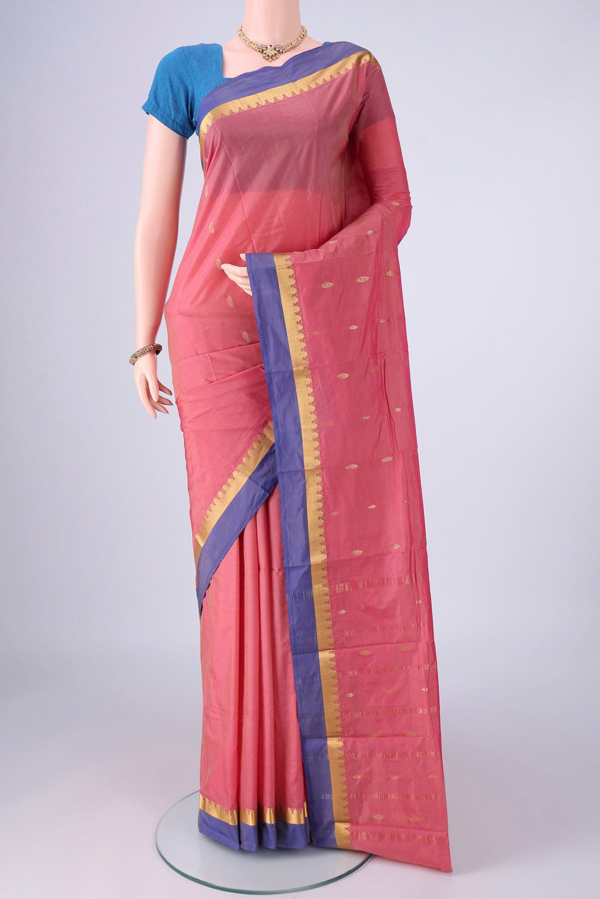Pink Blended Bangalore Silk Saree with Zari Butta on the body and Zari Border.  displayed on a mannequin