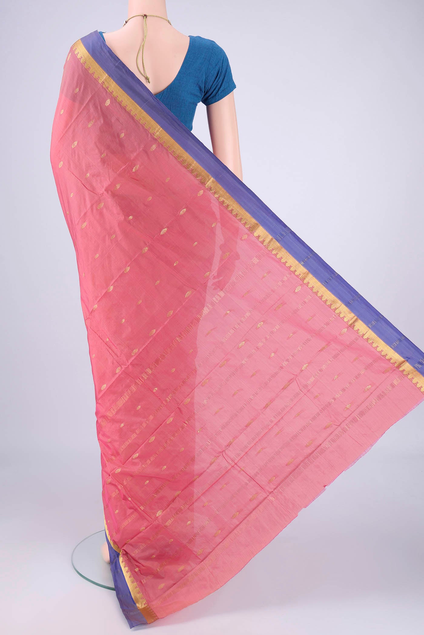 Flat view of Pink Blended Bangalore Silk Saree with Zari Butta on the body and Zari Border. 