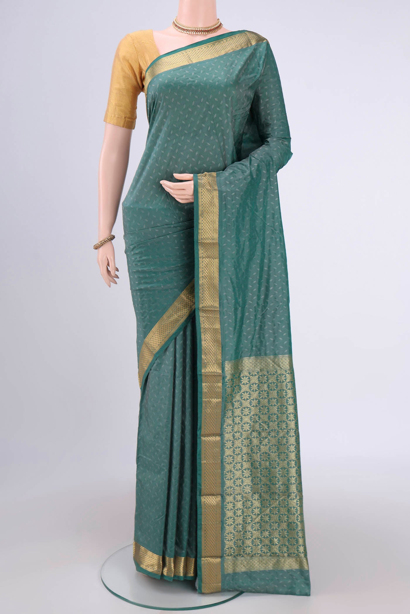 Blue Grey Dual Tone Bangalore Silk Saree with Jacquard design on the body and Zari Border.  displayed on a mannequin