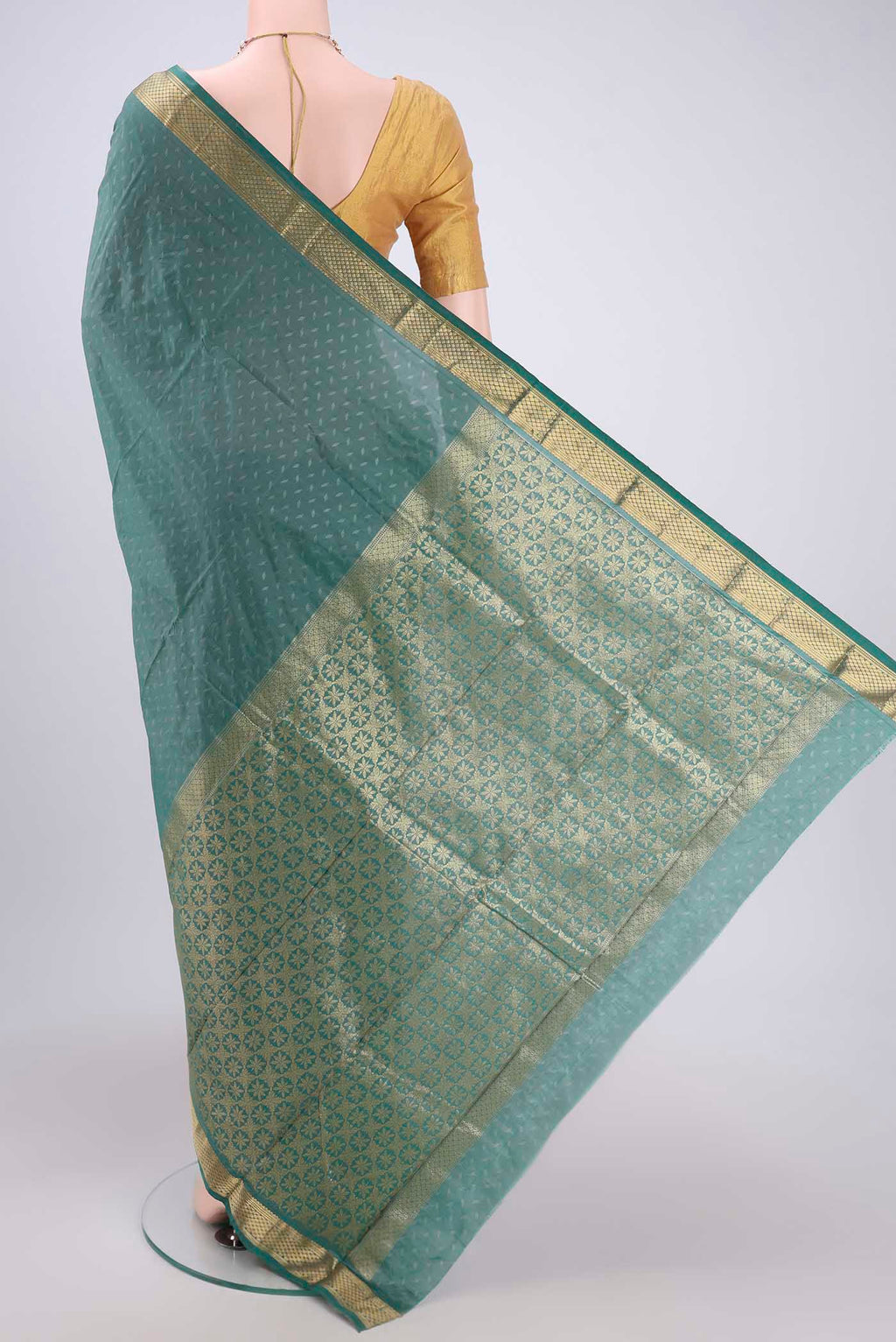 Flat view of Blue Grey Dual Tone Bangalore Silk Saree with Jacquard design on the body and Zari Border. 