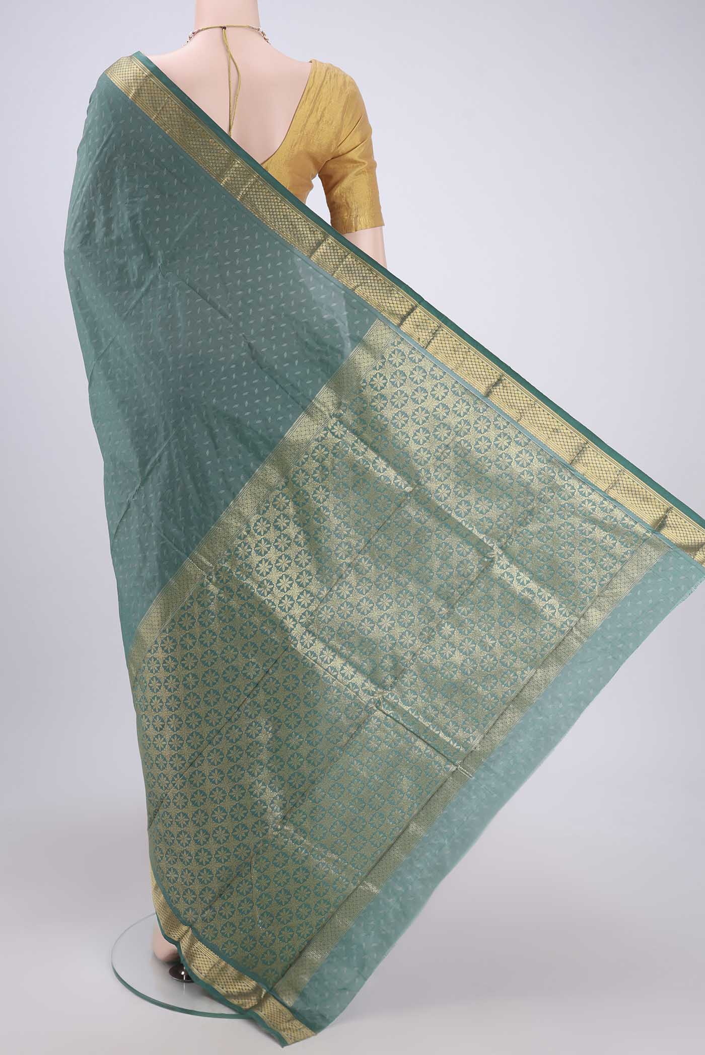 Flat view of Blue Grey Dual Tone Bangalore Silk Saree with Jacquard design on the body and Zari Border. 