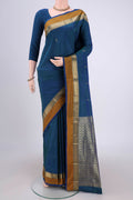 Peacock Blue Blended Bangalore Silk Saree with Zari Butta on the body and Zari Border.  displayed on a mannequin