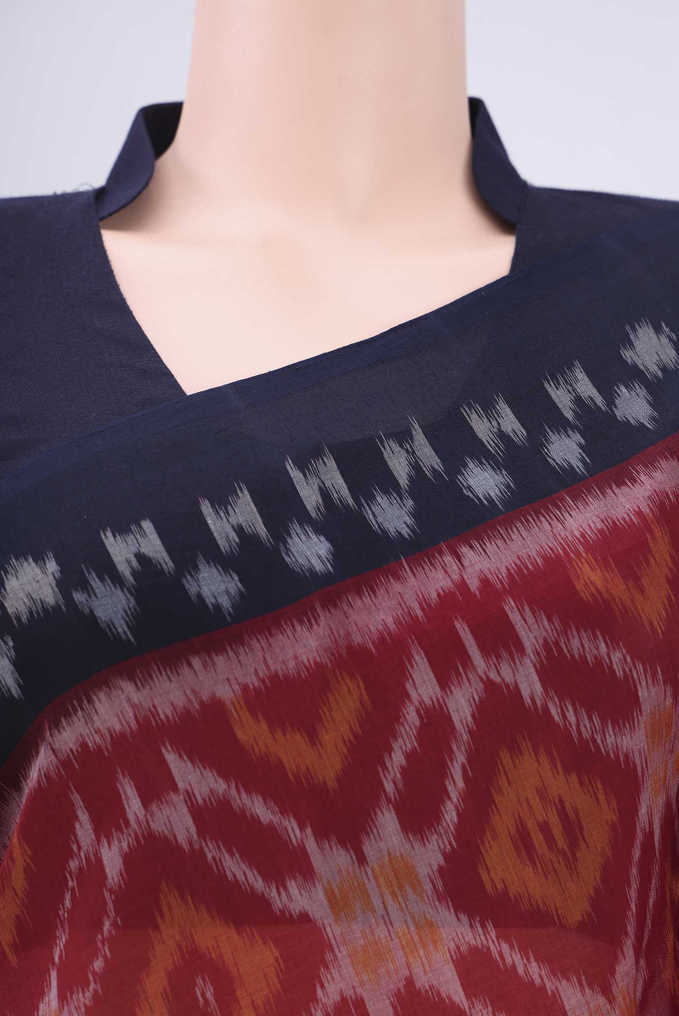 Border image of Maroon Pochampally Cotton Saree with Ikat design on the body and Ikat Border. 