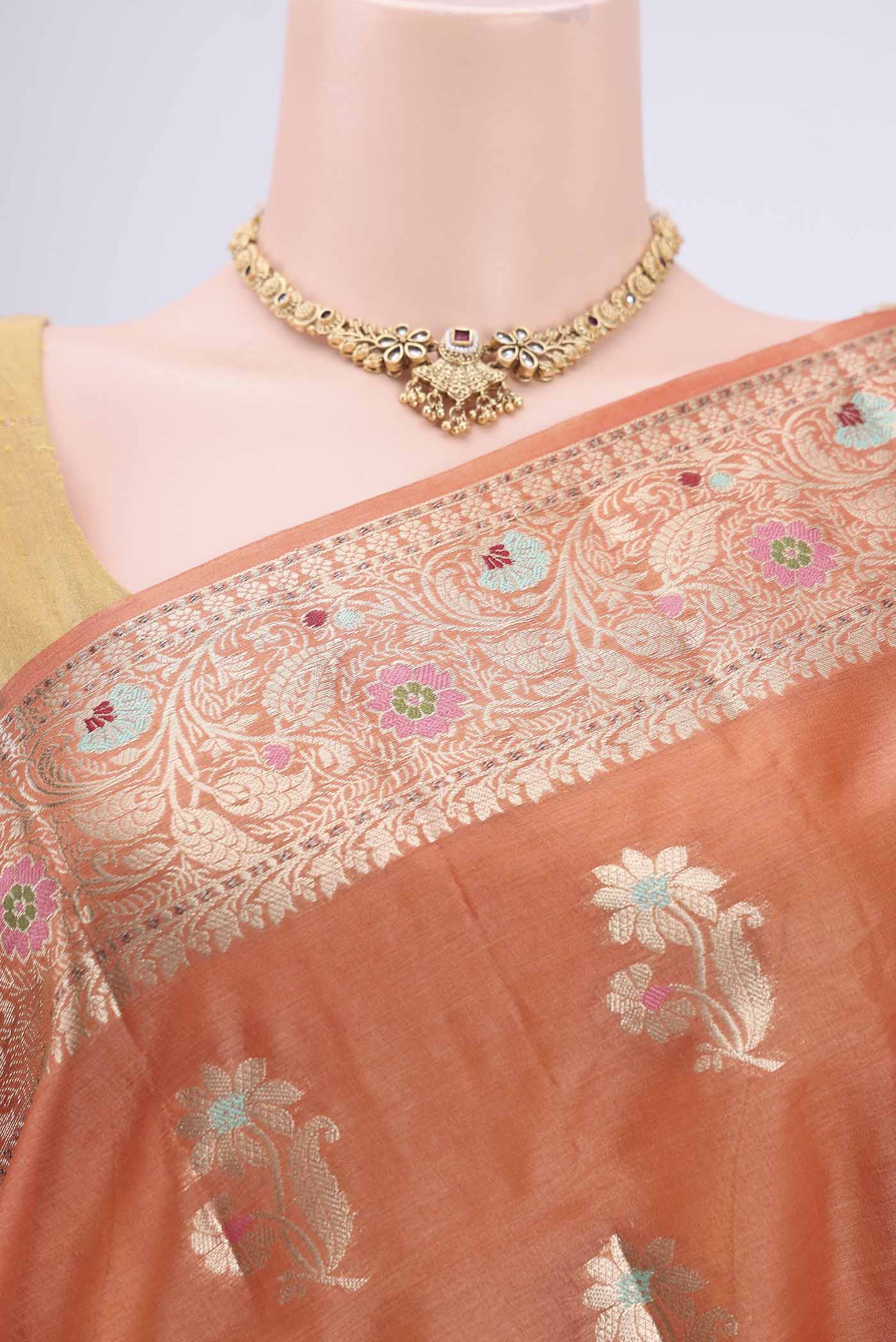 Border image of Brick Orange Banarasi Tussar Silk Saree with Zari And Thread Butta on the body and Zari And Thread Border. 