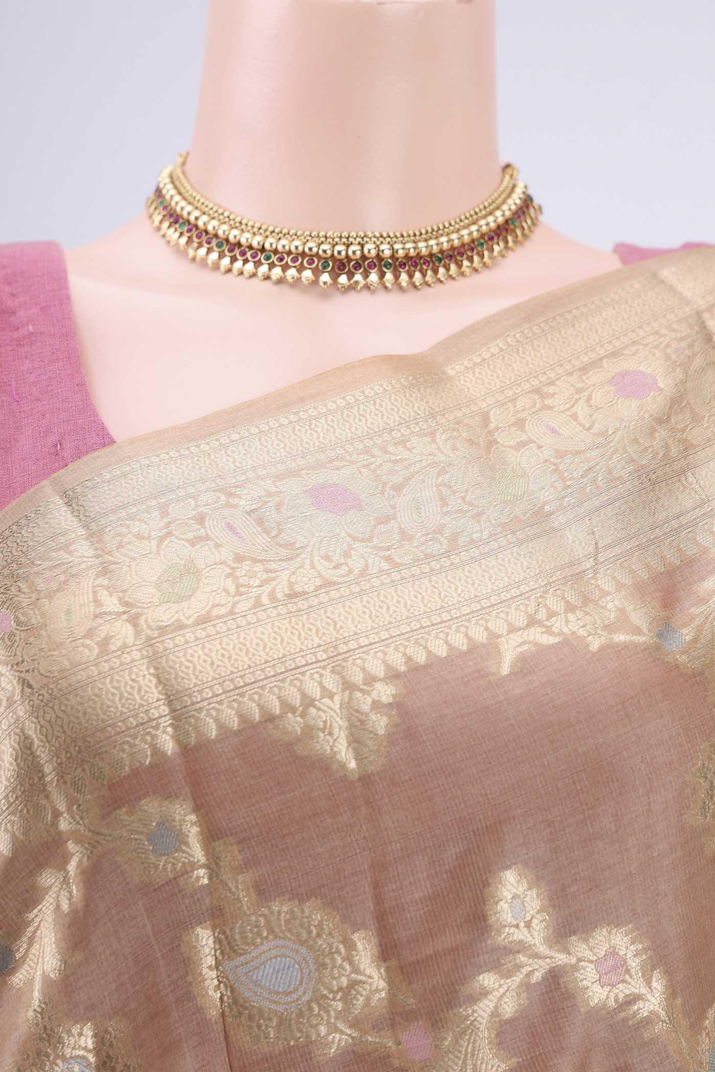 Border image of Beige Banarasi Tussar Silk Saree with Zari Brocade on the body and Zari And Thread Border. 