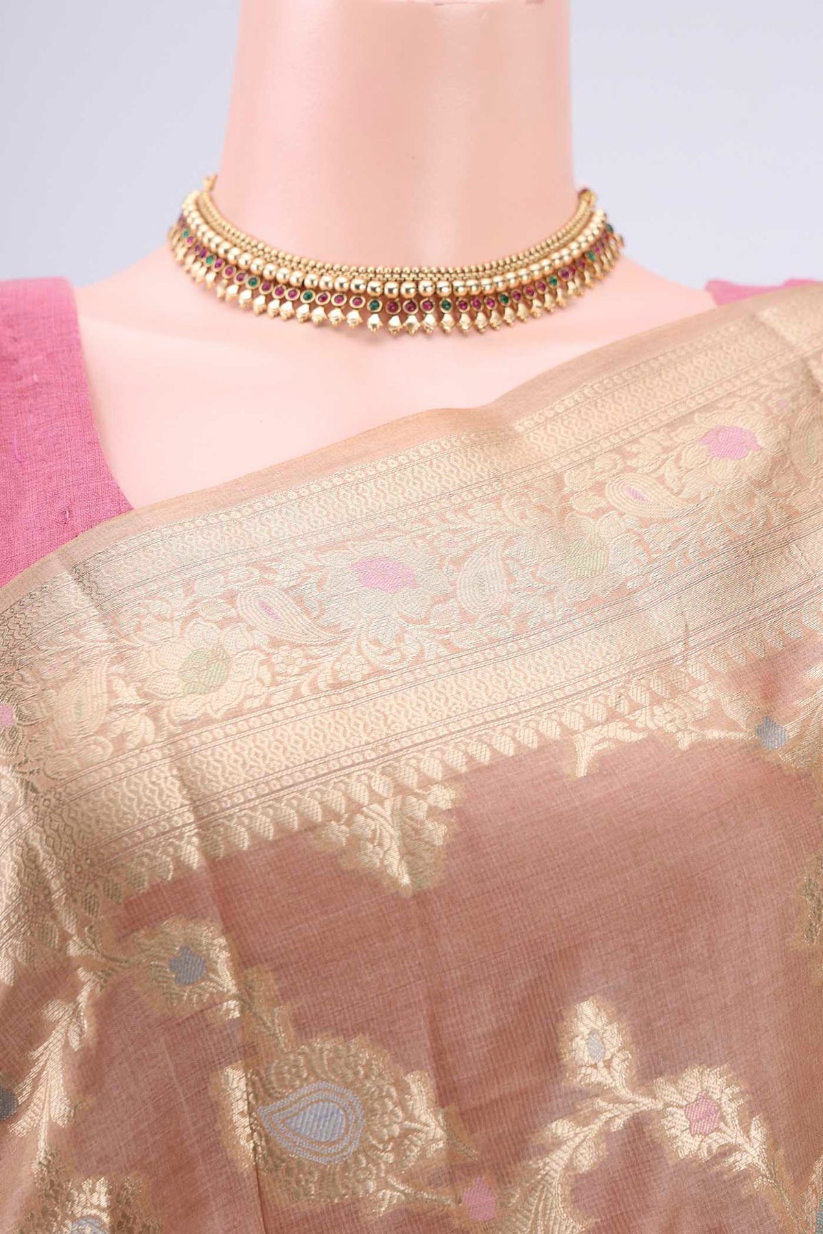 Border image of Beige Banarasi Tussar Silk Saree with Zari Brocade on the body and Zari And Thread Border. 